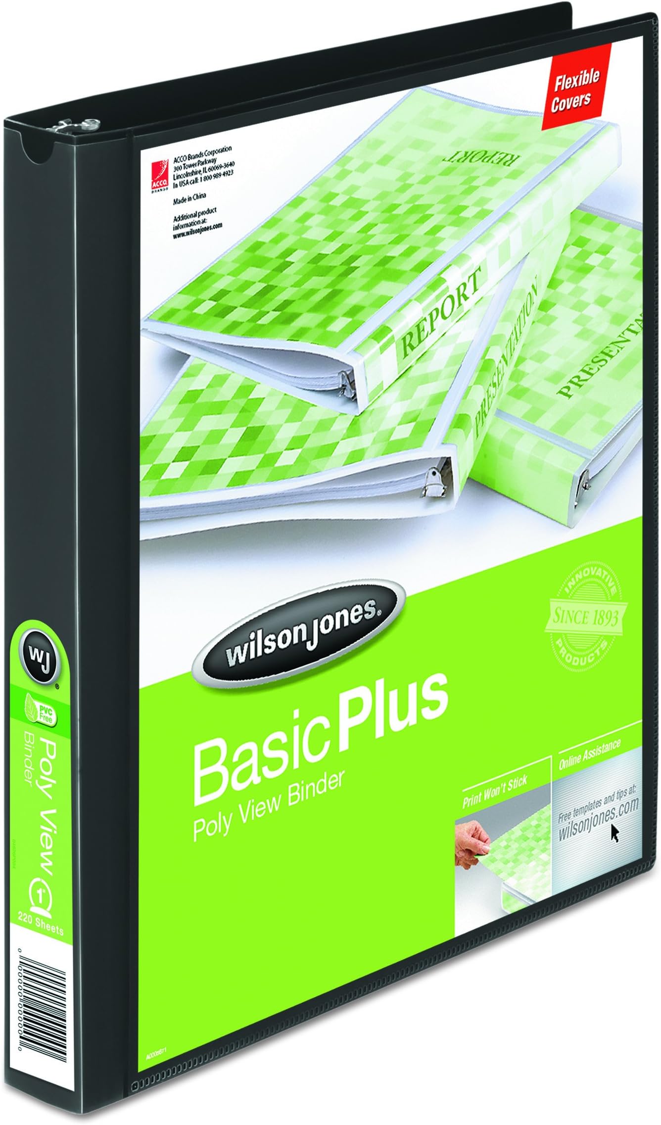 Wilson JonesPrint Won't Stick Flexible Poly Round Ring View Binder, 1 Inch, Letter Size, Customizable, Black (A7043341D)