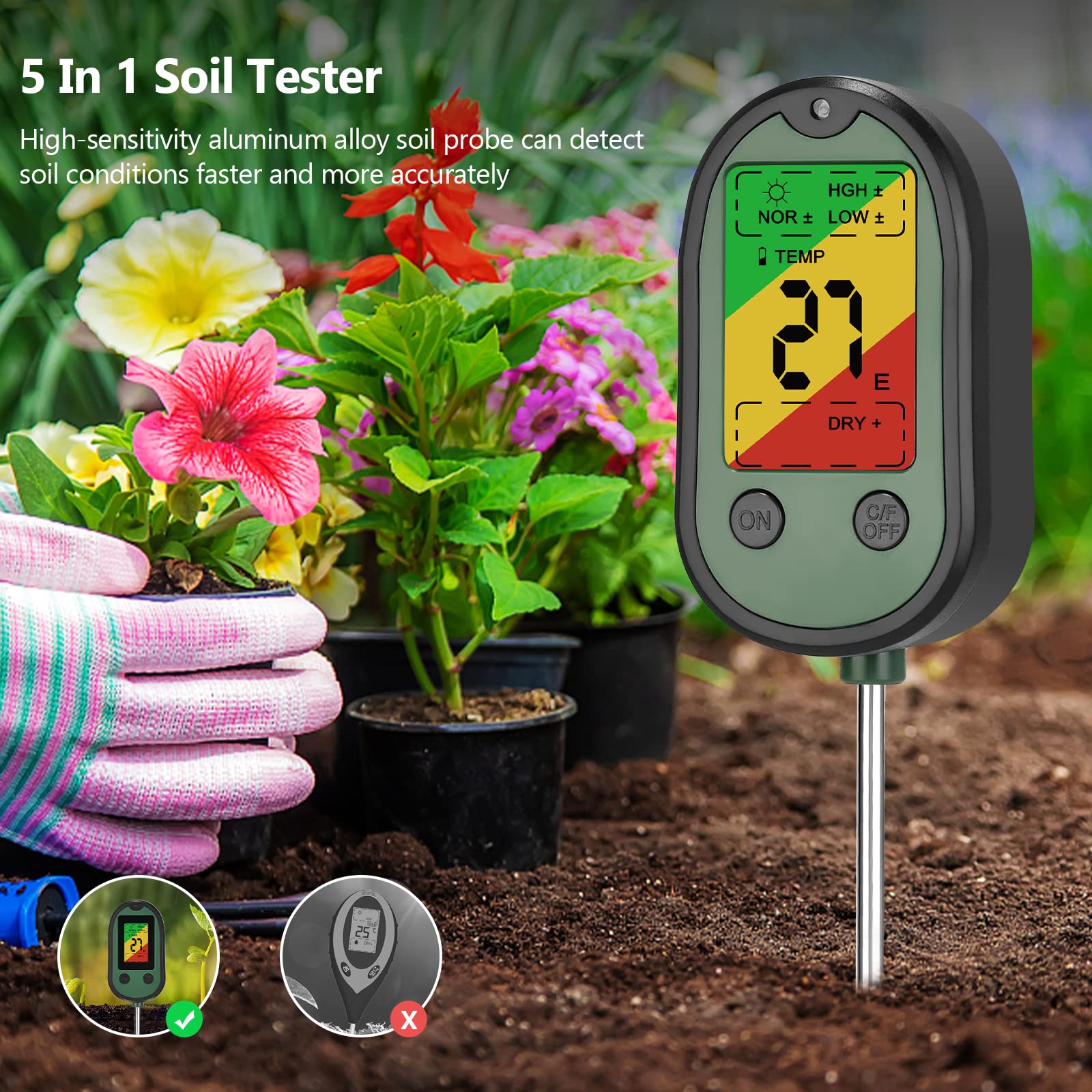 Tester Terreno 5in1 Flintronic - Misura PH, Umidità, Luce E Temperatura, Per Giardinaggio - Foto 3
