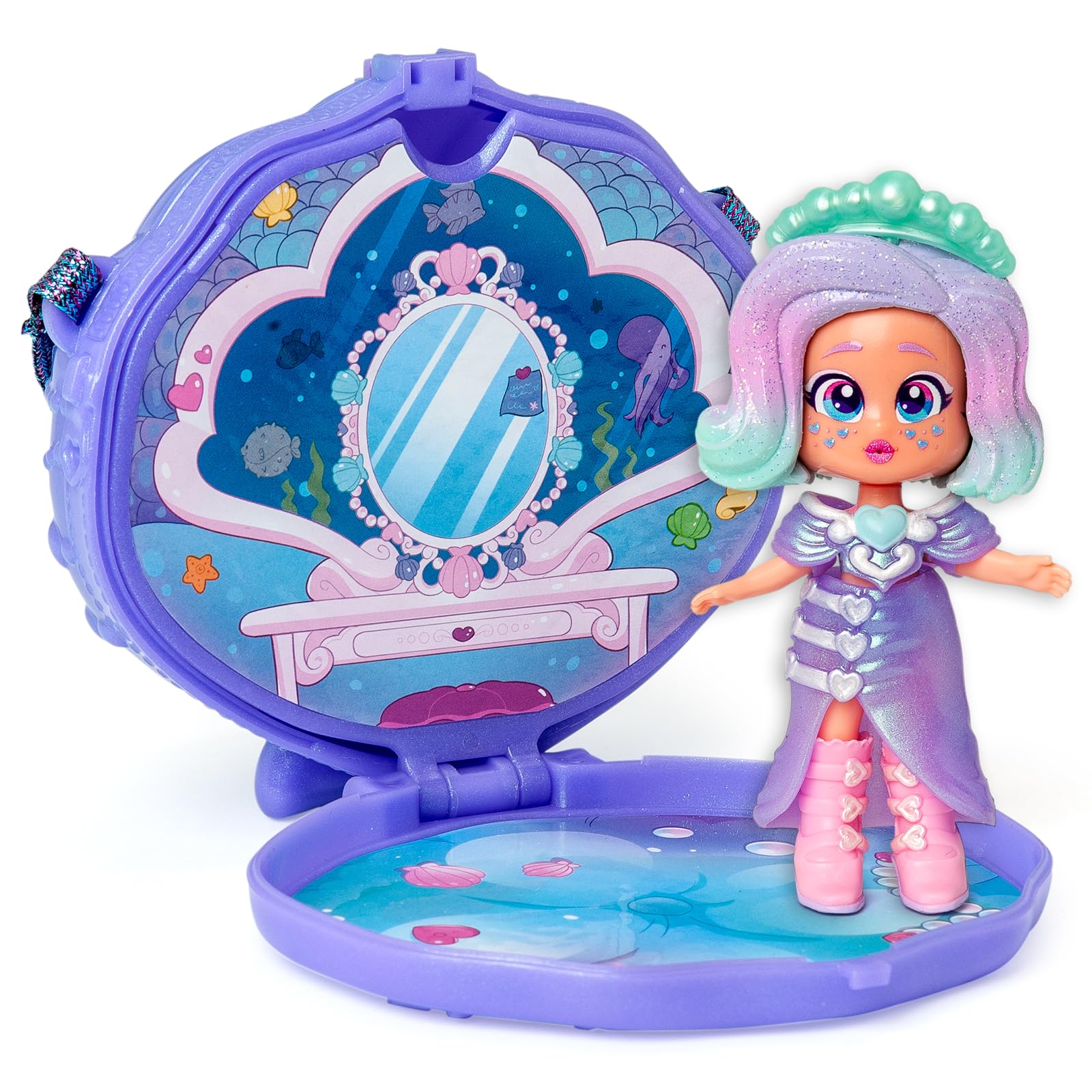 KOOKYLOOS MERMAID STARLIGHT FANTASY – 2 w 1:stylowa lalka i syrenka, awartość:1 laleczka, odpinany ogon syrenki, strój i buciki, morskie zwierzątko, akcesoria, torebka muszla do zabawy i noszenia.