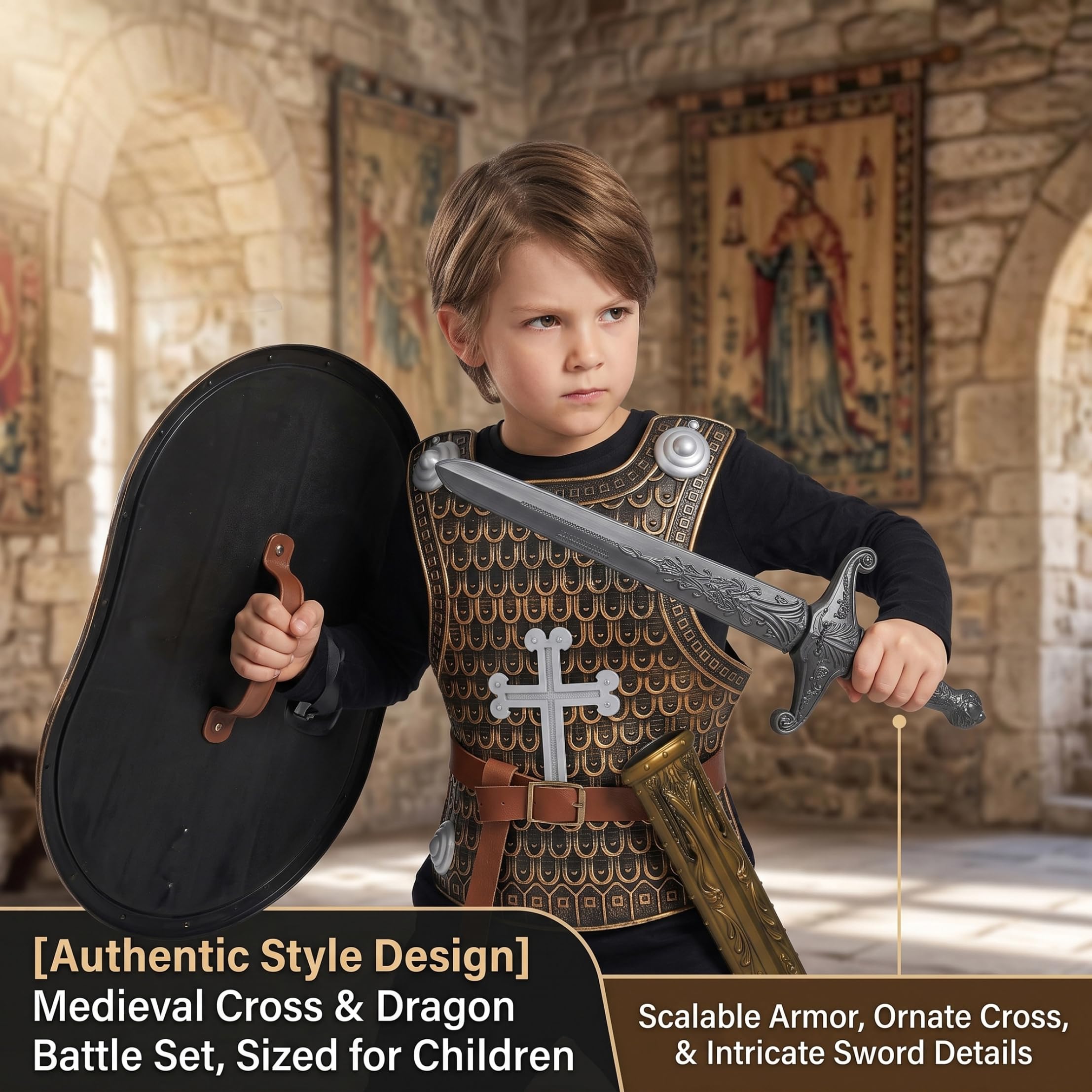 Costume da Cavaliere per Bambini, 2 Set, Kit Armatura, Casco da Cavaliere, Armatura per Casco Costume per Bambini Black OS