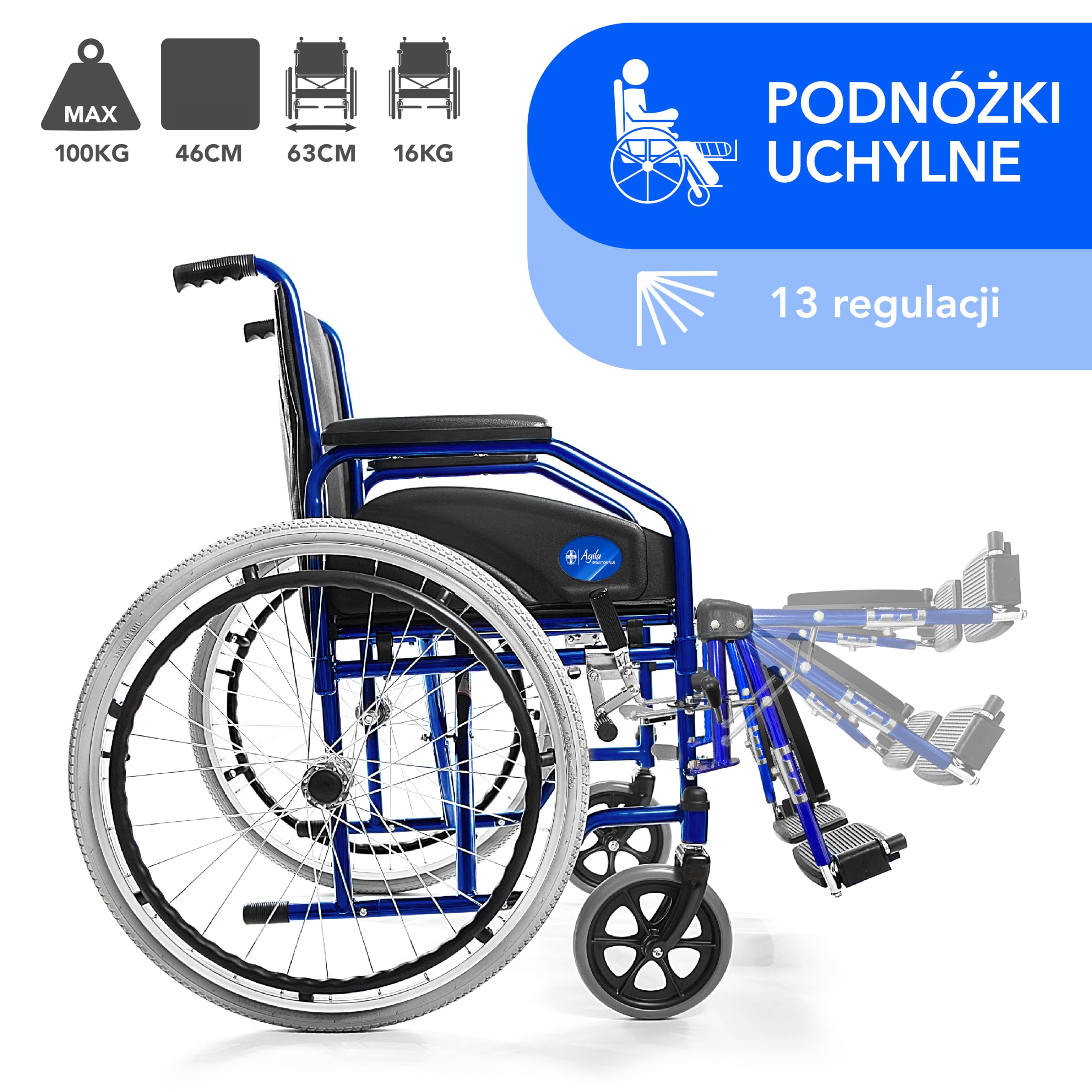 AIESI® Wózek Inwalidzki lekki składany z podnoszonymi i regulowanymi podnóżkami AGILA EVOLUTION PLUS, Zdejmowane podłokietniki, Pas bezpieczeństwa, Pompa inflacyjna, Gwarancja 24 miesiące