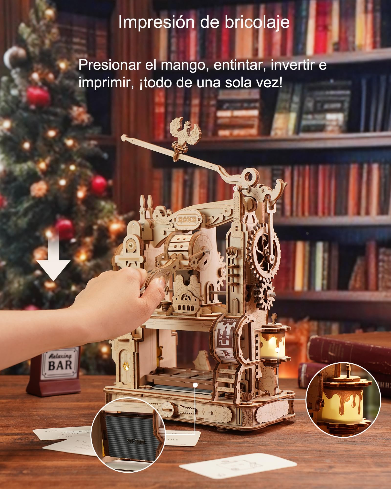 ROKR Puzzle 3D Madera Kits de Modelo Rompecabezas Maquetas para Construir para Adultos, Prensa de Impresión Clásica, Engranajes Mecánicos, Regalos de Cumpleaños de Navidad, 303 Piezas, LK602