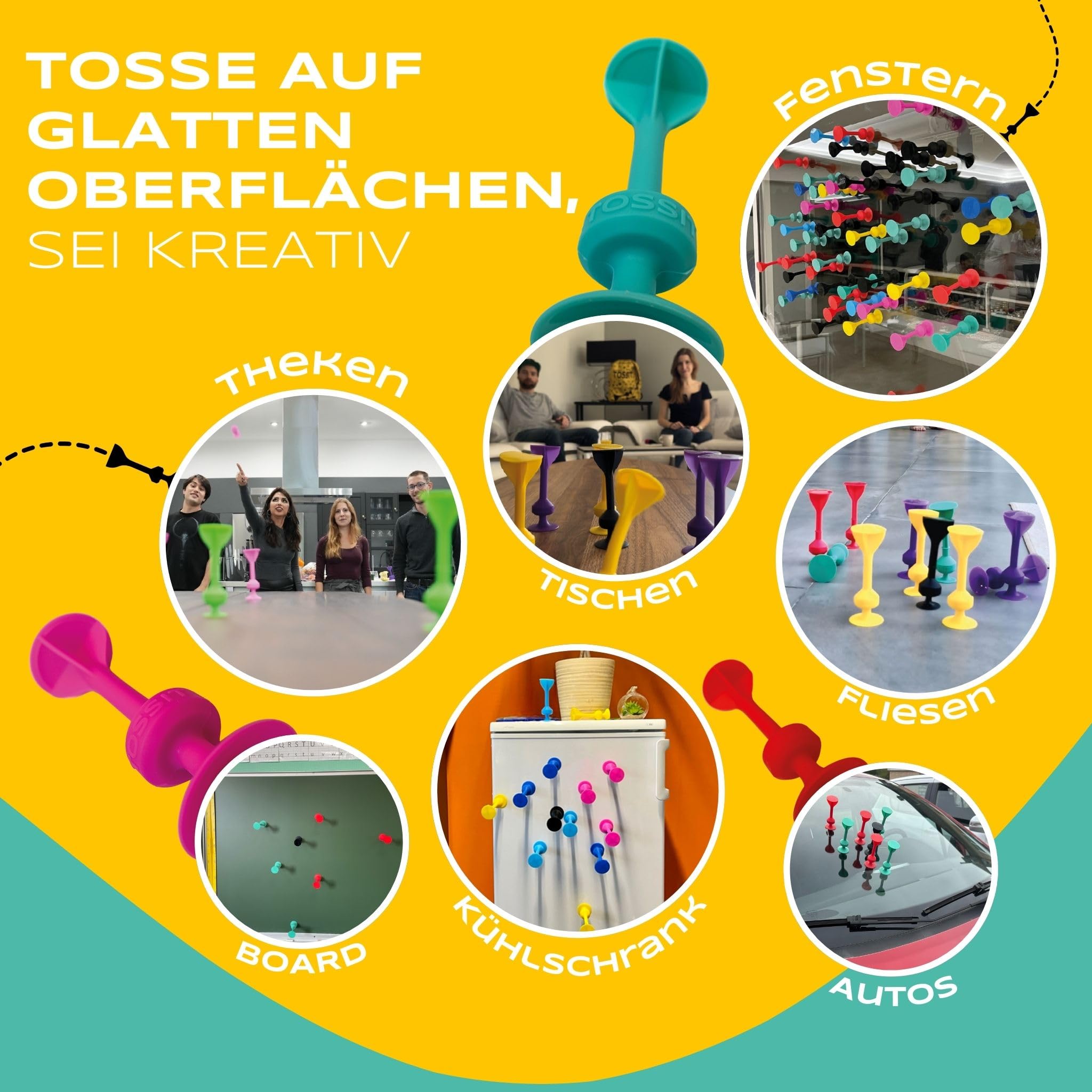 TOSSIT Spiel Saugnapf Darts, Indoor Outdoor Drinnen Draußen, Boccia, Petanque, Wurfspiel, Nachhaltig langlebig Silikon, Boden oder Wand, 8 Farben, Party Pack, Rot Cyan Rosa Blau Violett Grün Blau Gelb
