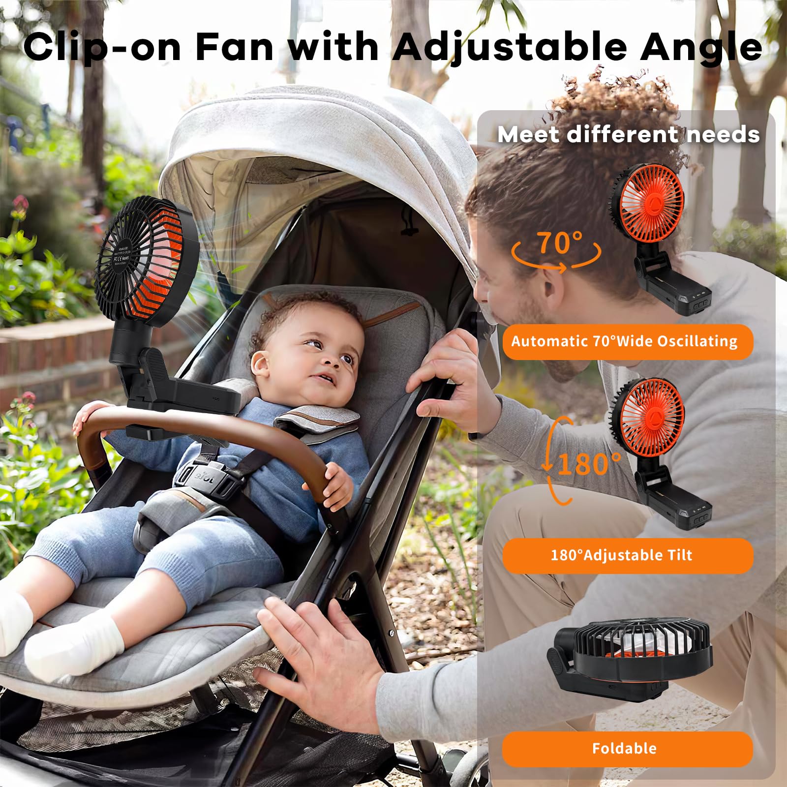 Ventilateur portable magnétique avec lumière LED – 4 vitesses réglables, rotation à 70°, 2 heures, ventilateur à clip pour poussette, voyage, camping, golf, salle de sport (orange)