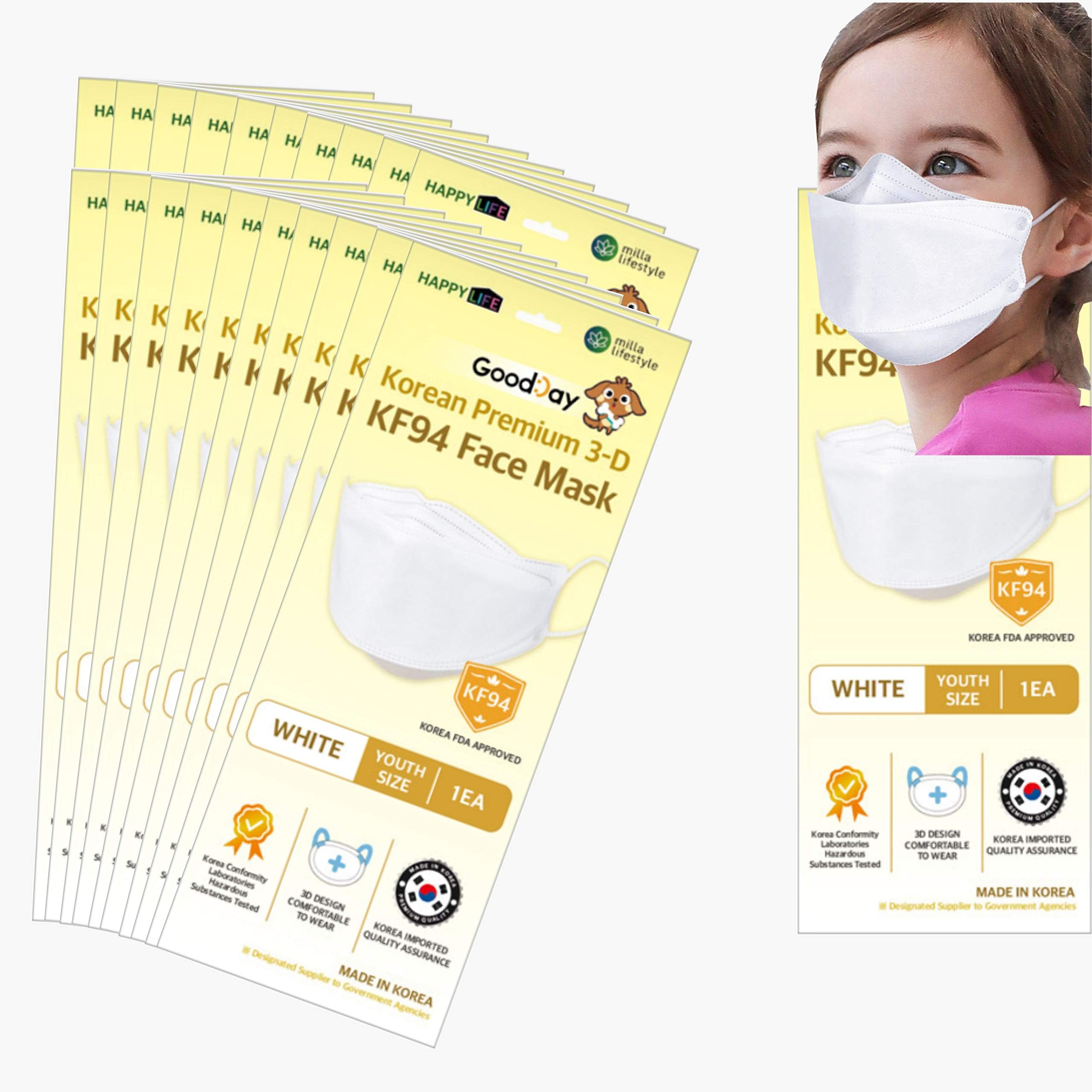 Premium 3D Disposable White Kids KF94 Face Mask, Age 5-15 Old, 4-Layer Filters, Individual Packs, White Color, Made in Korea.