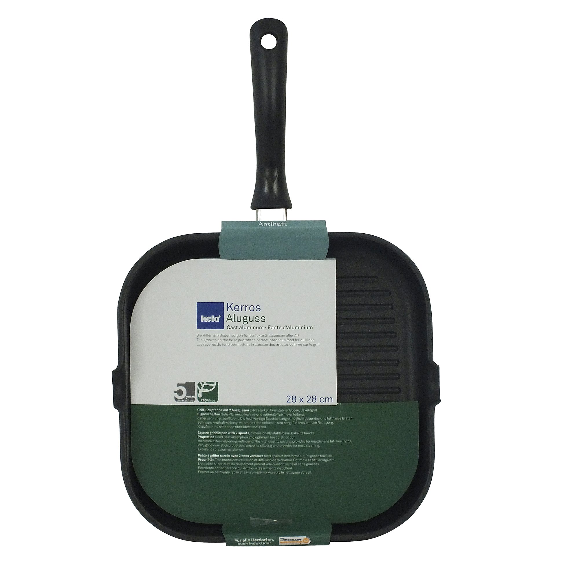 kela 15156 Grill-Eckpfanne, 2 Ausgüsse, Antihaftversiegelung, Aluguss 5 mm, Induktionsgeeignet, 28 x 28 cm, Kerros, Schwarz