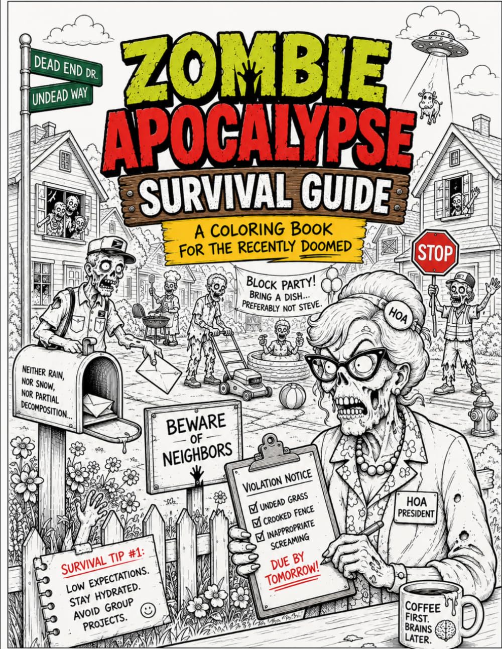 Zombie Apocalypse Survival Guide: A Coloring Book for the Recently Doomed | 40 Hilarious Zombie Survival Scenes Filled with HOA Nightmares, DMV ... A Coloring Book for the Recently Doomed