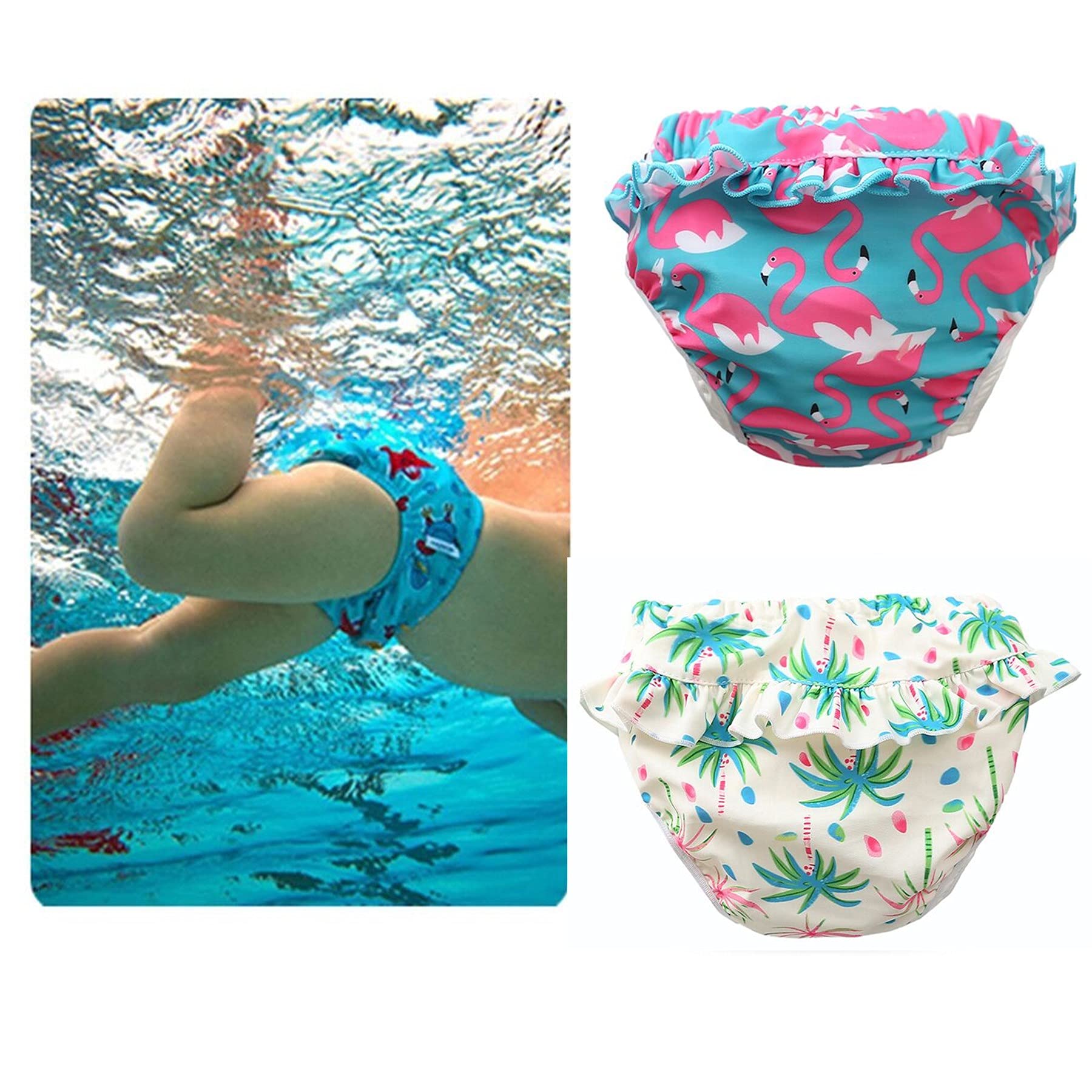 Schwimmwindel wiederverwendbar, 2 Stück Schwimmhose für Baby Mädchen (0-3 Jahr),Schwimmwindel mit Rüschen Badewindelhose Badehose (Farbe A, L-28-36lb/2-3 Jahre)