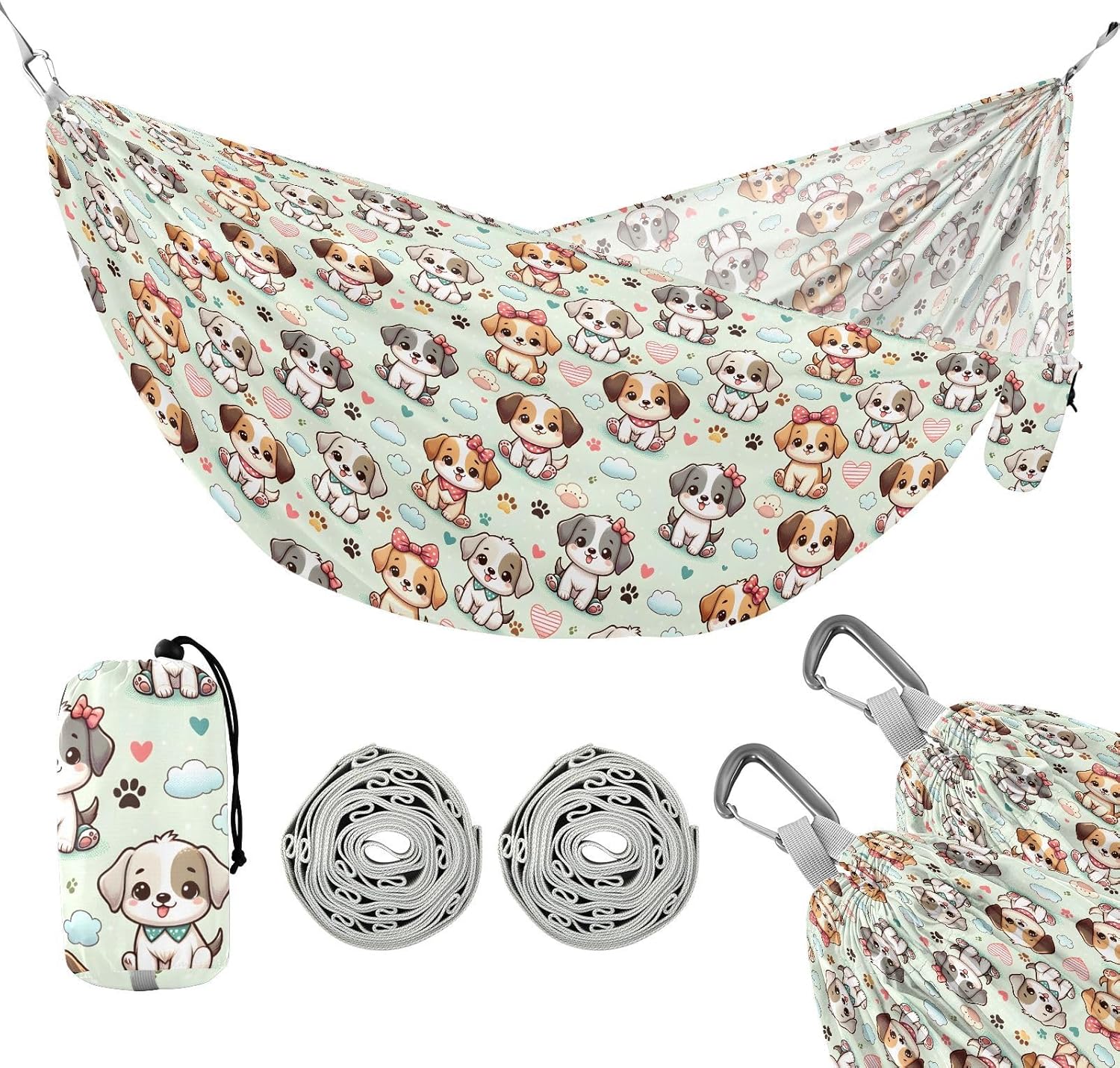 ALAZA Cute Dog Puppy Paw Prints Camping Hammocks Single or 2 Person 500 lbs Portable Parachute Travel Hammock w/Tree Straps for Hiking Backpacking Indoor Outdoor