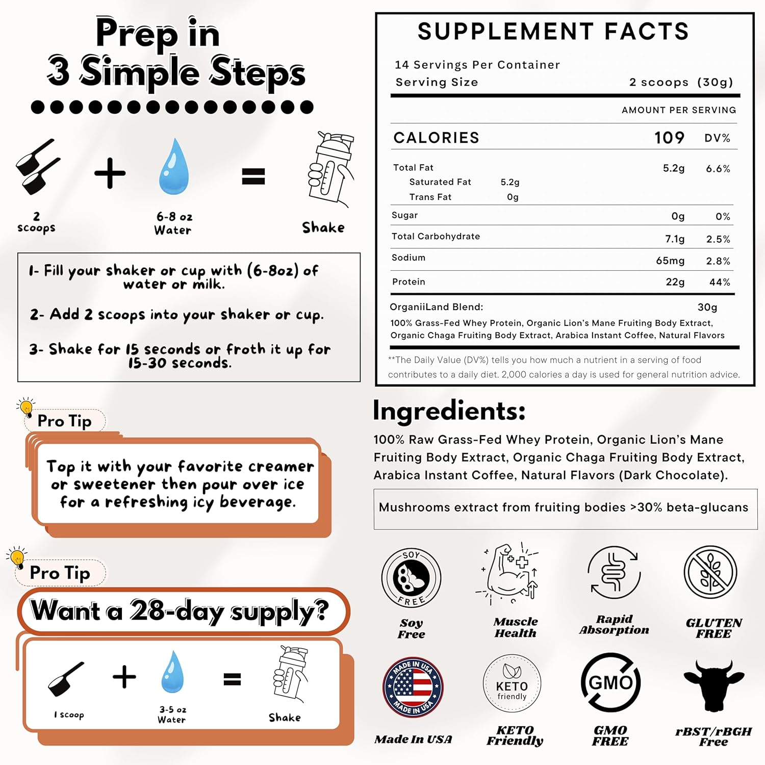 Mocha High Protein Iced Coffee |100% Raw Grass-Fed Whey, Organic Adaptogens, Pre & Probiotics, and Instant Arabica Coffee | 22G Protein, 4.5G BCAA, 0G Sugar, Low Caffeine |14 Servings - Image 8