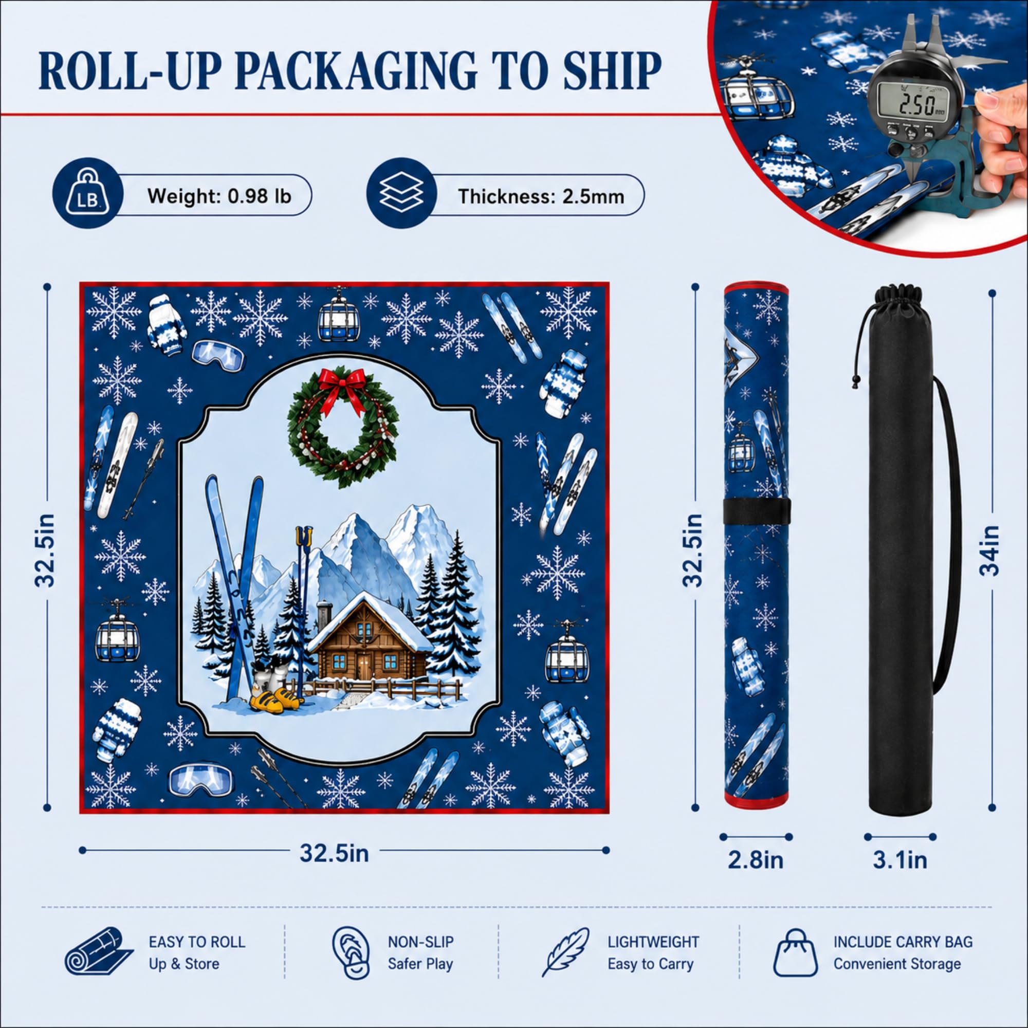 Ensemble de tapis de mahjong d'hiver avec sac de transport, bleu