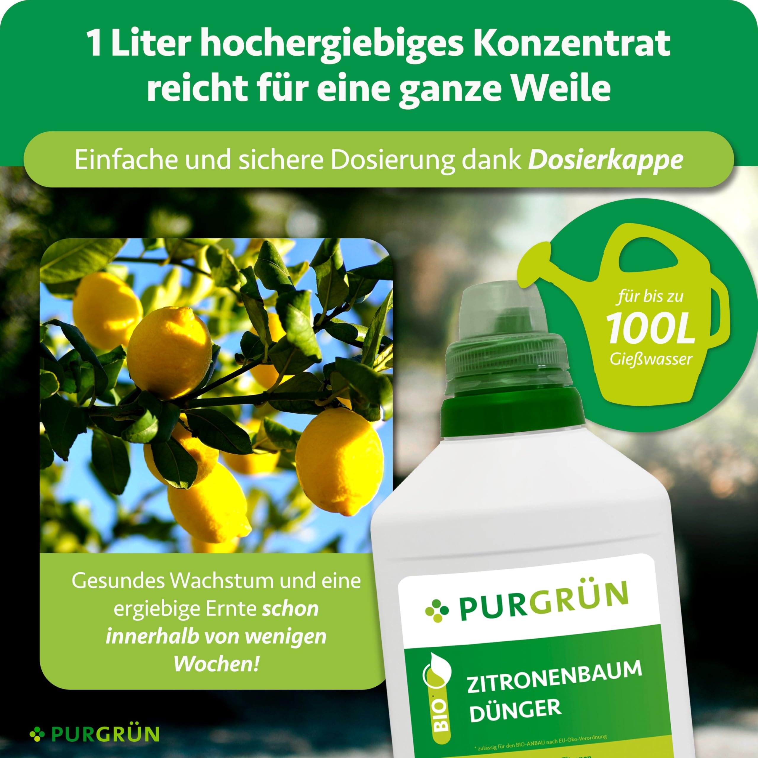 Bio-Zitronenbaum-Dünger 1 Liter – Steigert Ertrag, Aroma & Vitalität mit Phosphor – Verbesserte Widerstandskraft dank extra Kalium – Bio-zertifiziert – Konzentrat für 100 Liter Gießwasser