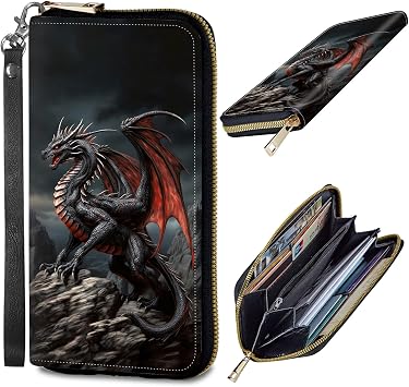 Womens Wallet, PU Leather RFID Cute Wristlet Wallets for Girls Women Ladies Purse Large Credit Card Clutch Purse Card Holder Coin Pocket Travel Wallets with Zipper, Dragon