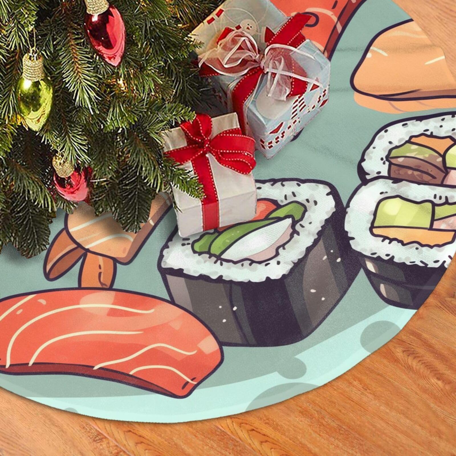 Fodpand Black Sushi Christmas Tree Skirt 48" Velvet Xmas Tree Skirt Mat Rustic Christmas Tree Mat Cover Winter Xmas Tree Collar For Indoor Outdoor Christmas Decorations