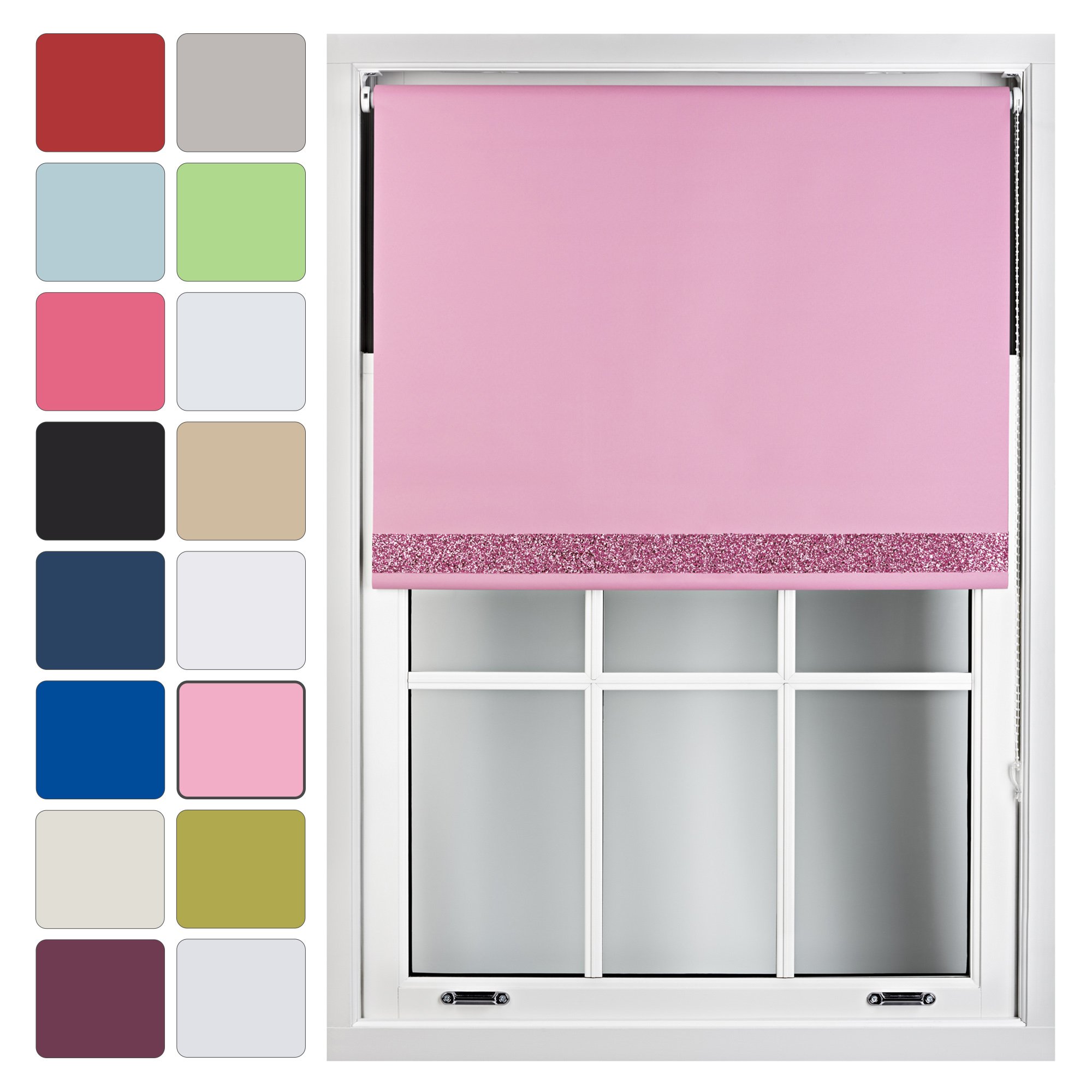 FURNISHED Blackout Roller Blinds with Decorative Glitter Trim Thermal Easy Install Sparkly Blind Made to Measure Up to 60cm x 210cm - Pink + Pink Glitter