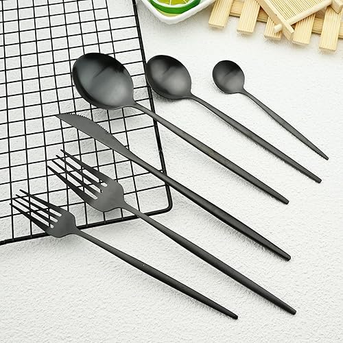 Miniatura 2 de BRIIEC - Juego de cubiertos negros mate acabado satinado 36 piezas de acero inoxidable con mango plano utensilios de cocina servicio para 6 incluye