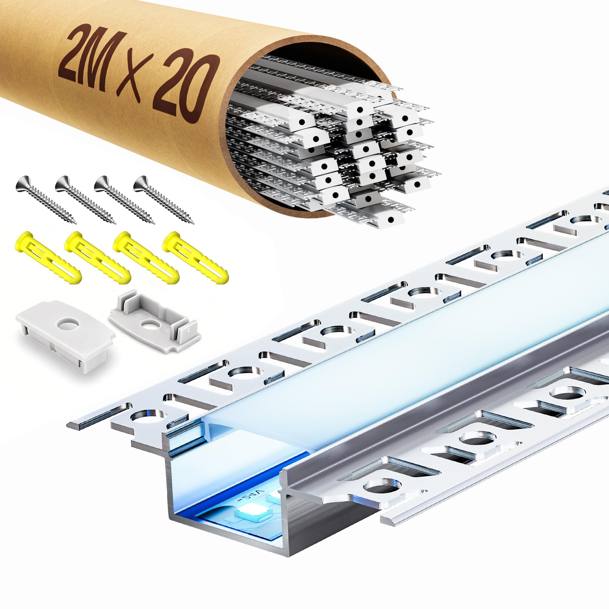 20 profili per cartongesso a LED, 2 m, 2 m, profilo in alluminio, canale e diffusore da incasso, per illuminazione indiretta, soffitto