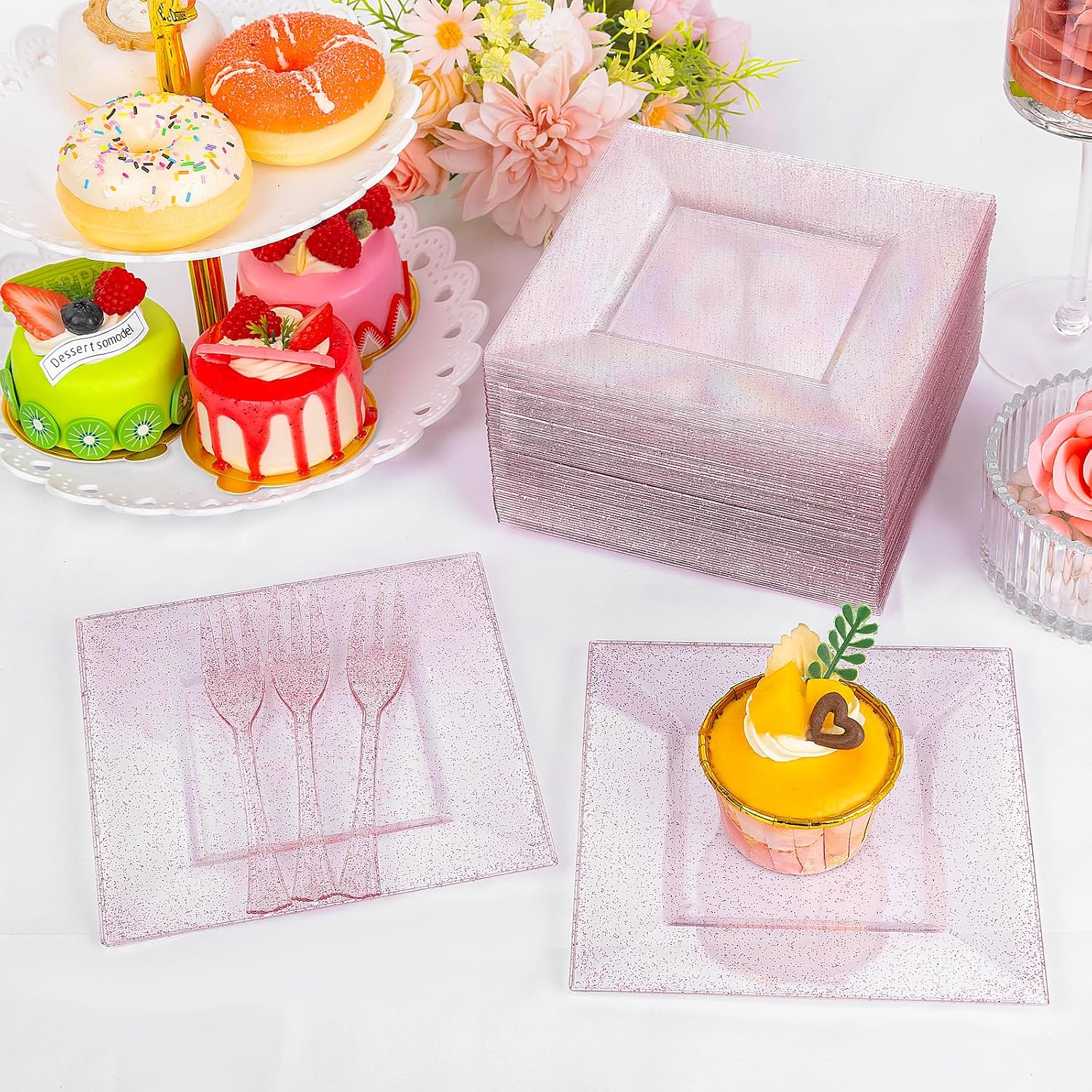 DaYammi 100Pcs Pink Dessert Plates with Forks Including 50Pcs Appetizer Plates,50Pcs Plastic Forks,Glitter Square Plate pink Disposable plates for Wedding,Plastic Cake Plate for Mother's Day Party