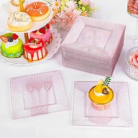 DaYammi 100Pcs Pink Dessert Plates Including 50Pcs Appetizer Plates,50Pcs Plastic Forks,Glitter Square Plate with Cake Fork,pink Disposable plates for Wedding,Plastic Salad Plate for Birthday Party