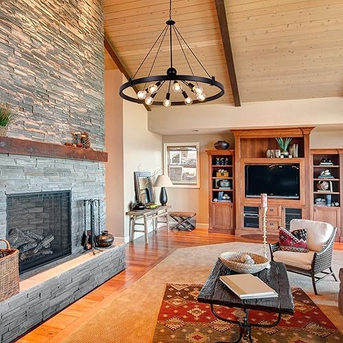 Miniatura 5 de Wellmet Lámpara de araña de granja de 38 pulgadas de diámetro, lámpara grande con rueda de carro, para comedor, acabado de metal rústico con 8 luces