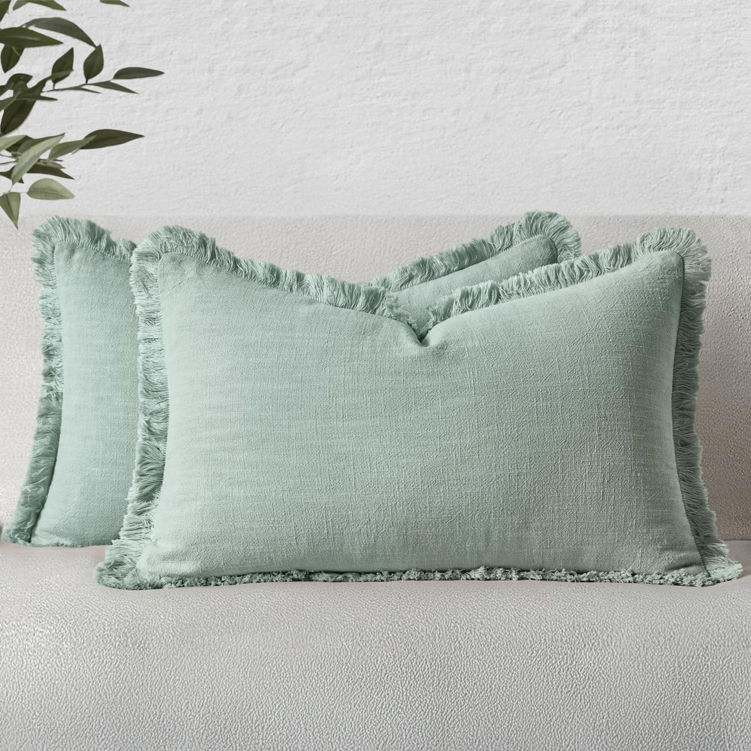 MIULEE Linen Fringe Decorative Lumbar Throw Pillow Covers Aqua Green 12x20