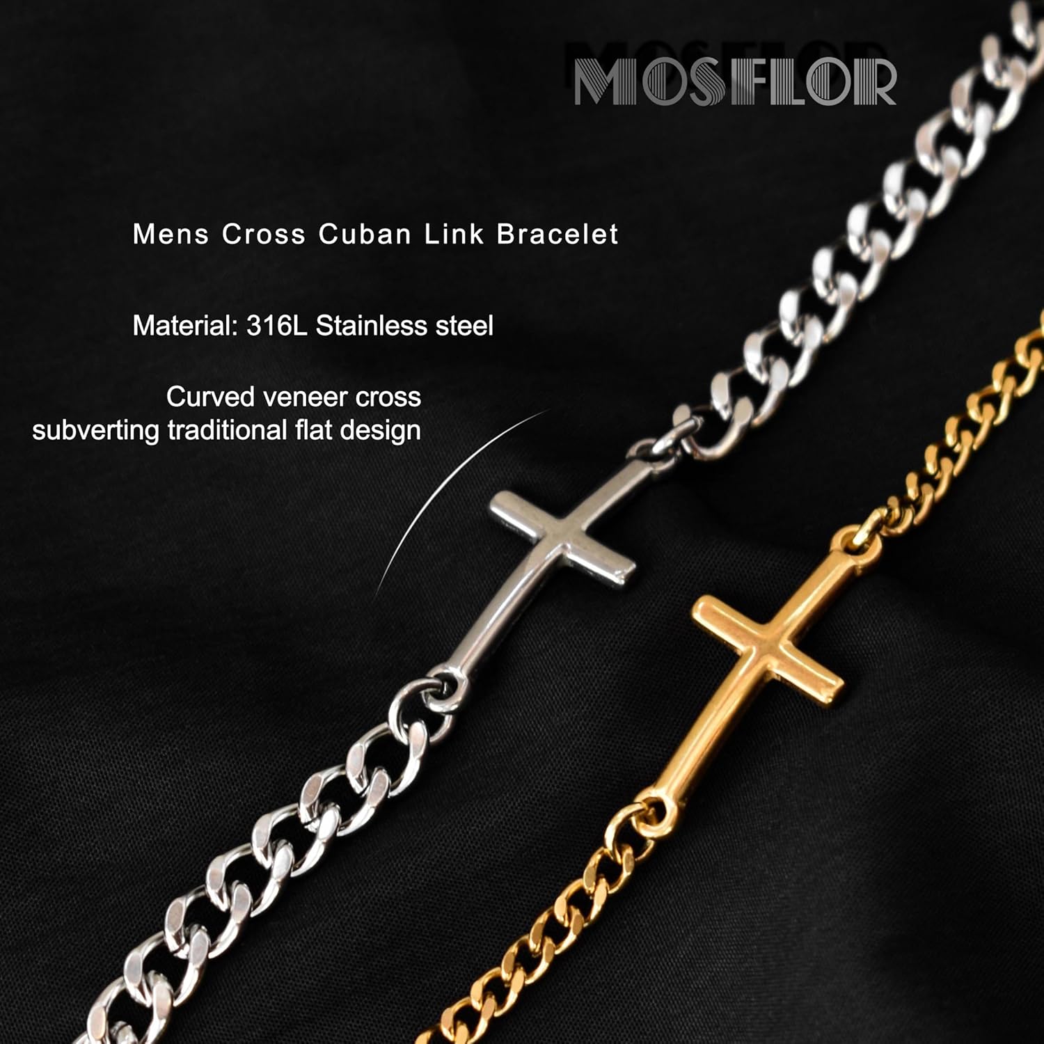 Cross Bracelet for Men, Silver/Gold/Black Mens Cross Bracelets Stack Stainless Steel Cuban Link Chain Bracelet Set Non Tarnish Adjustable Chunky Mens Jewelry Gifts for Men Dad Him Father's Day - Image 3