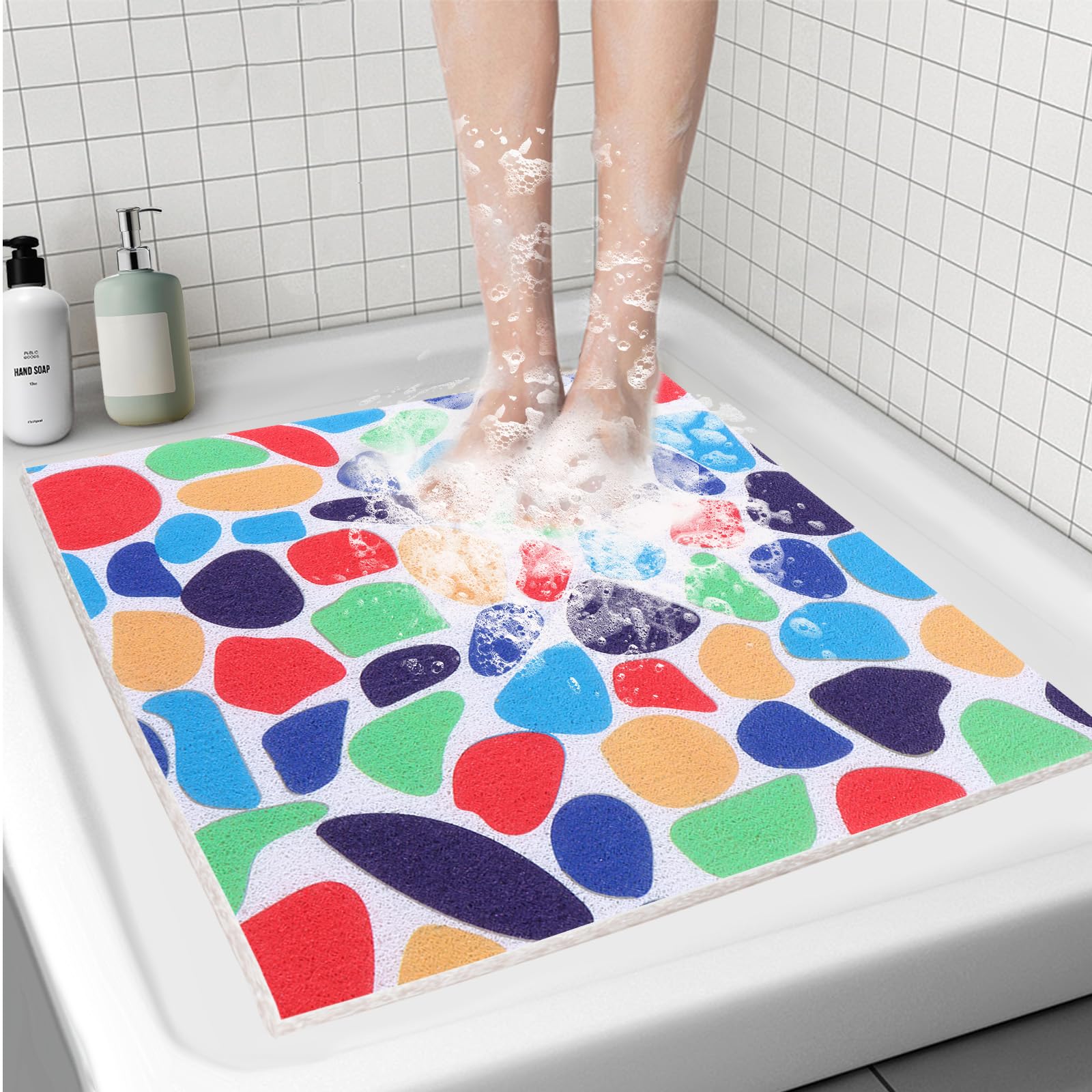 Alfombrilla de Ducha Cuadrada 70 x 70 cm Alfombrilla de Baño Antideslizante Alfombrillas de Bañera de Lufa de PVC Suave Alfombrilla de Baño de Secado Rápido Extra Grande,70 x 70 cm,Multi Color