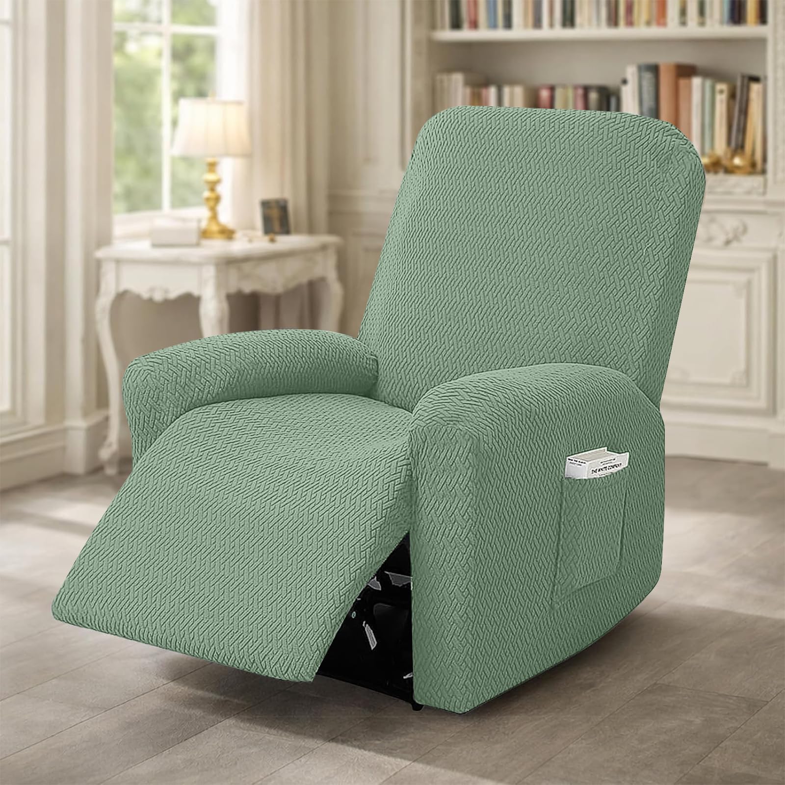 Funda Sillon Relax Reclinable 1 Plaza, Funda Sofa Relax con Bolsillos, Fundas Elástica de Jacquard a Rayas Diseño Todo Incluido para Sillón Reclinable (Verde Pino)