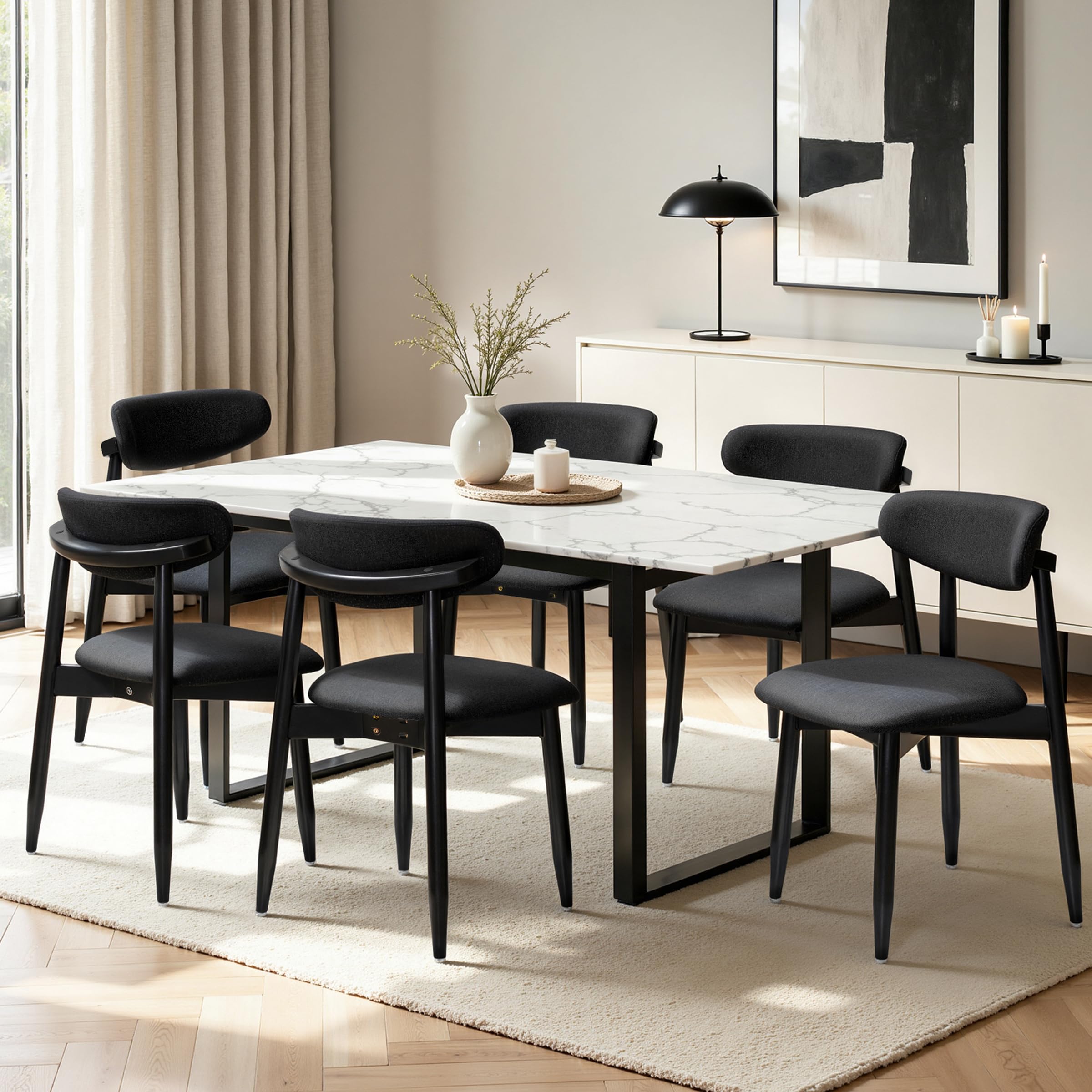 CHUN YI Dining Chairs Set of 6, Upholstered Solid Wood Dining Room Chairs, Mid Century Modern Fabric Kitchen Chairs with Ergonomic Curved Back, Black (Only Chairs)