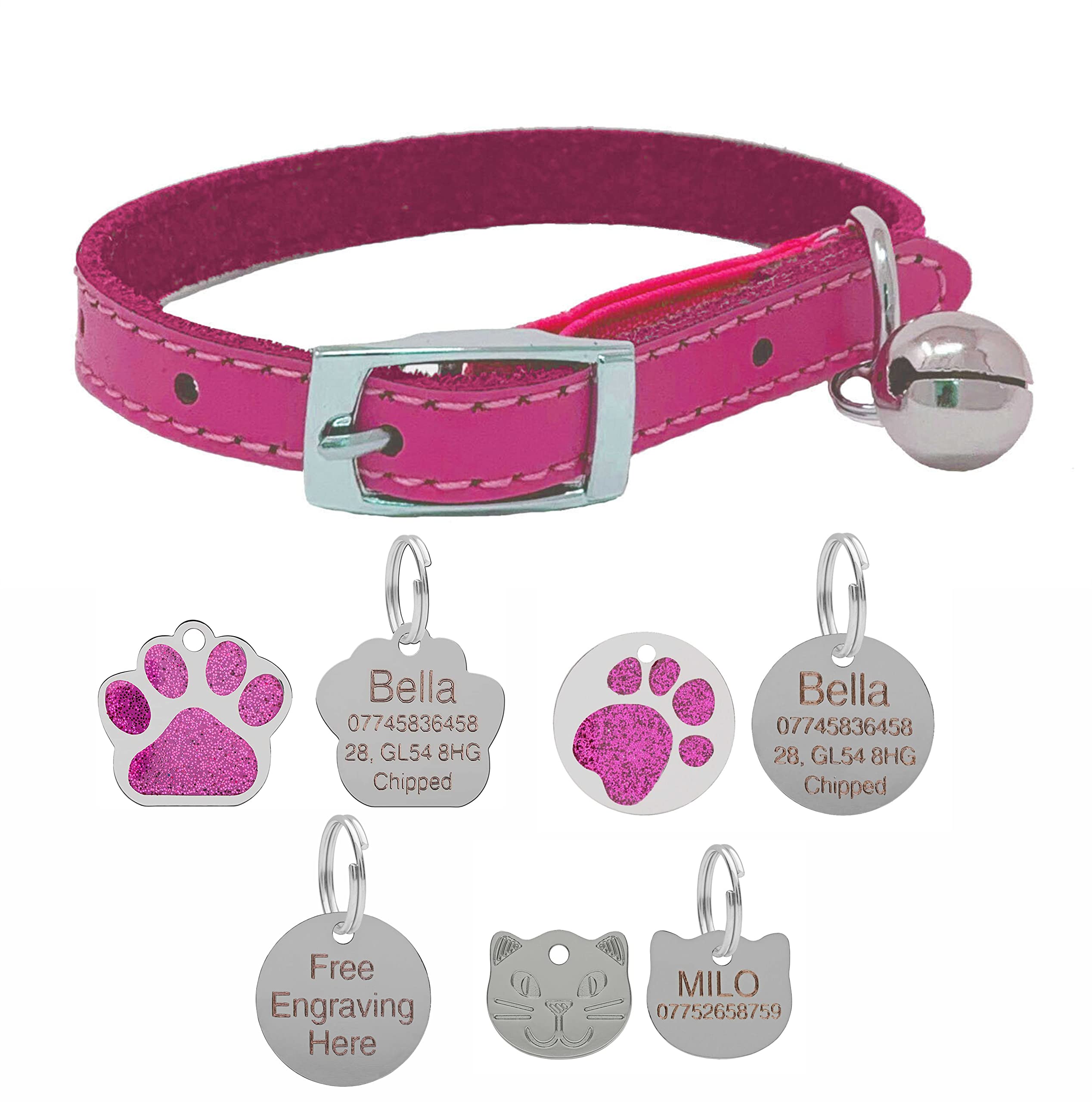 Genuine Leather Cat Collar with Safety Elastic & Bell with Optional Personalised Engraved Tag (Pink, 25mm Glitter Paw Tag)