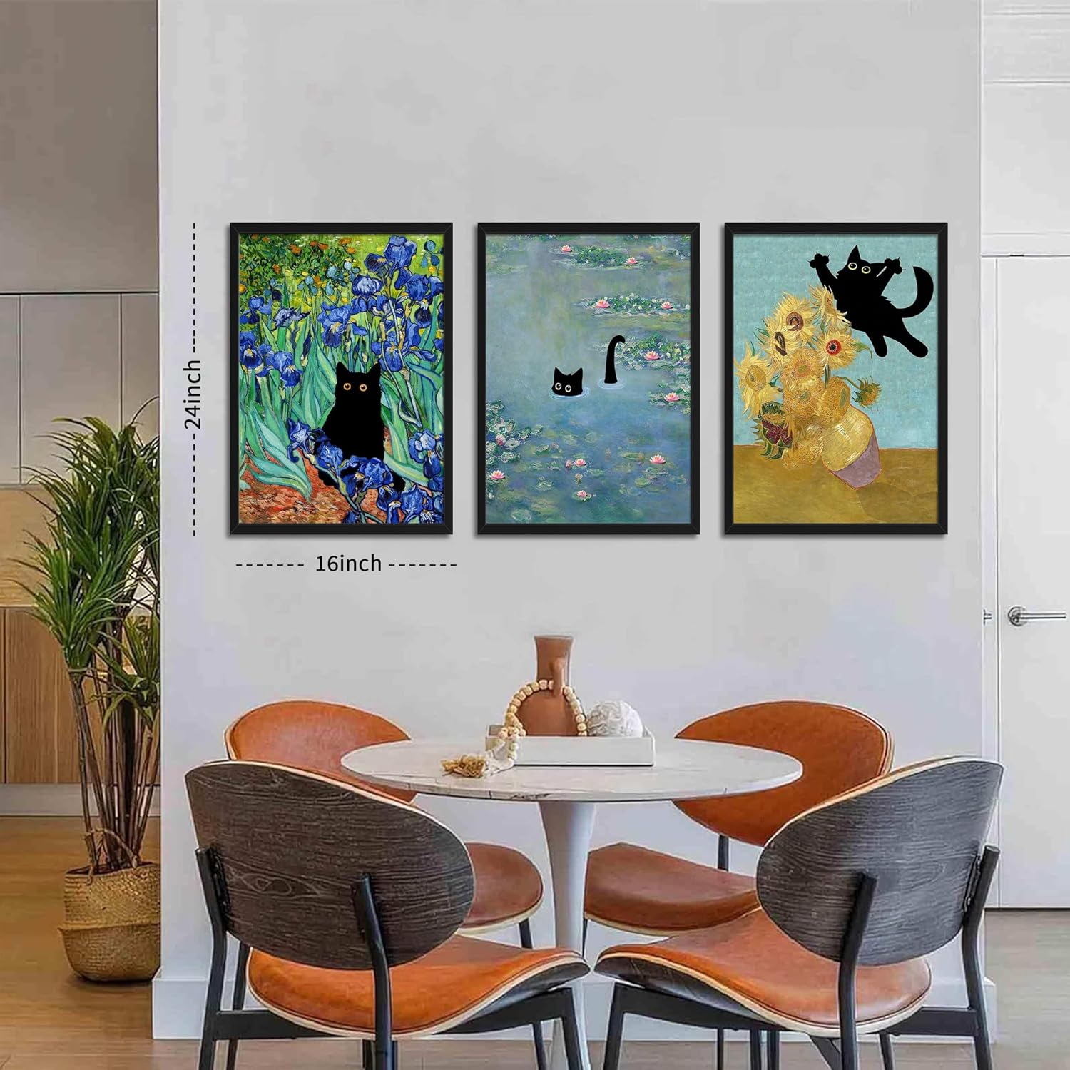 Wood Framed Monet Wall Art Set of 3 - Funny Cat in Water Lilies Canvas Paintings Prints, Van Gogh Sunflower Cat Aesthetic Pictures for Room Bedroom Living Room Bathroom 16x24 in image 3