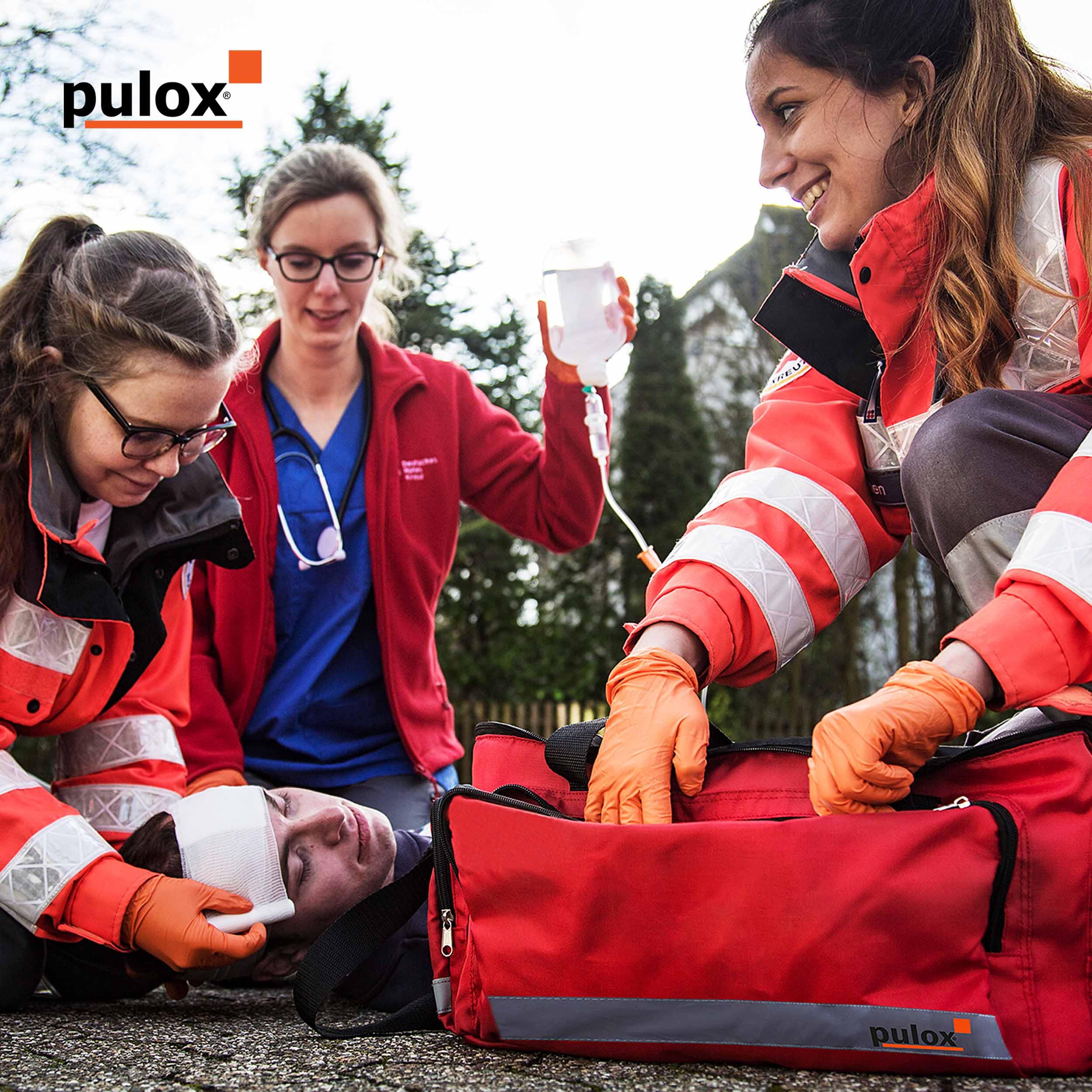 PULOX Notfalltasche mit Befüllung & Pulsoximeter PO-200 Solo Rot | Große professionelle Sanitätstasche aus Nylon, sofort einsatzbereit für Rettungsdienst, Praxis und Notfallversorgung
