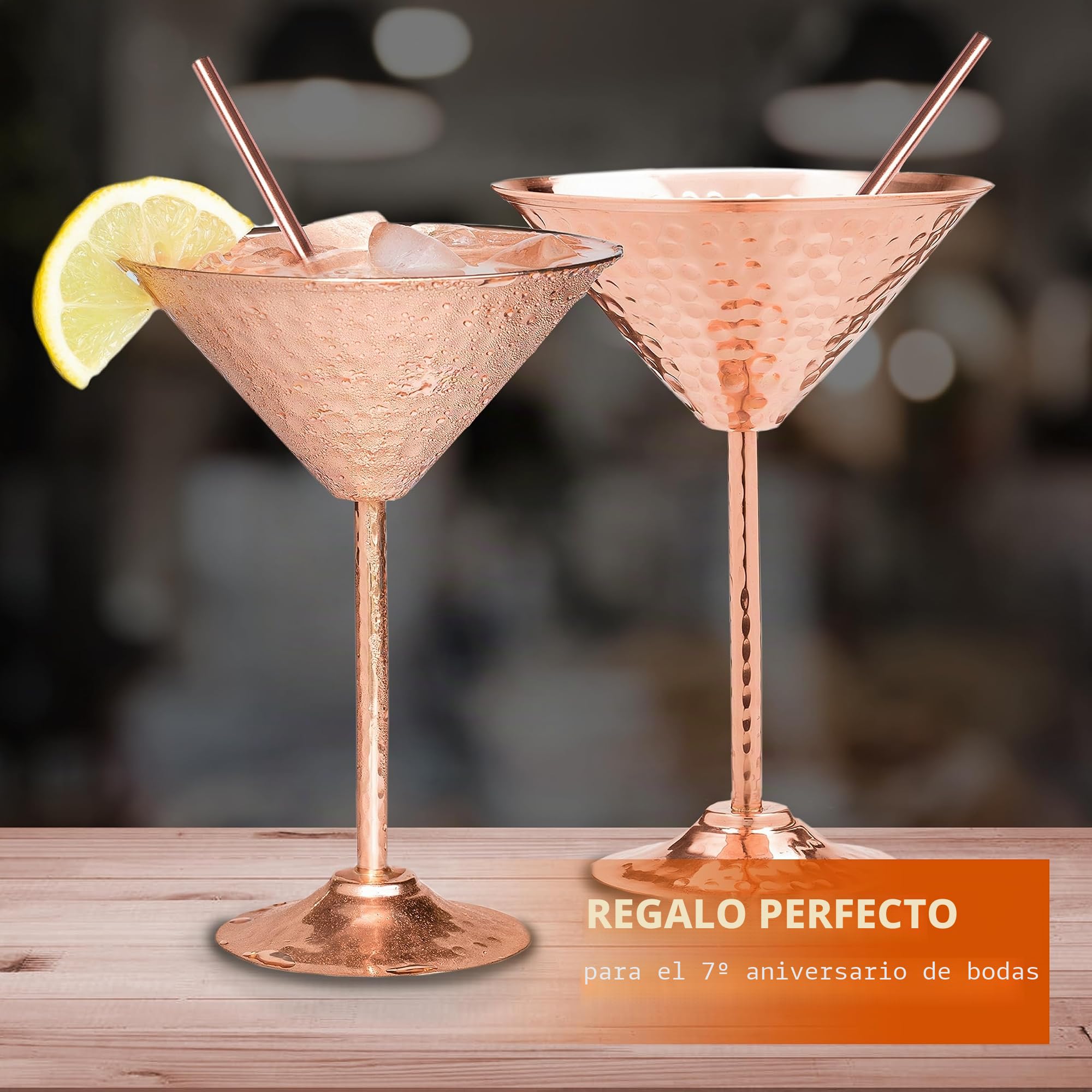 Set de 2 vasos de martini 280 ml martillados a mano con anillo reforzado y pajitas metálicas – Elegante regalo para cualquier ocasión