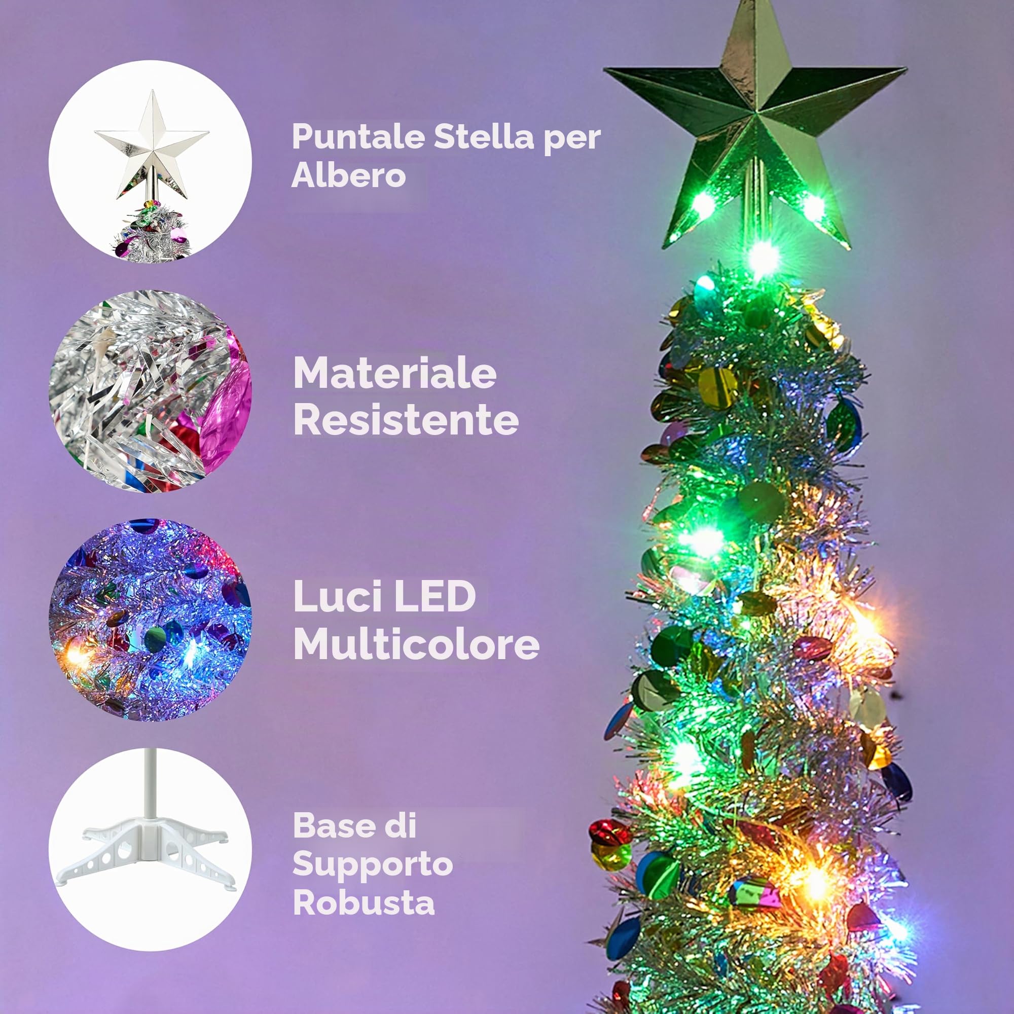 JOIEDOMI Albero di Natale a matita pop-up da 1,5 m con lustrini, luci e stella, decorazioni natalizie pieghevoli con timer per decorazioni natalizie da interno per casa e ufficio