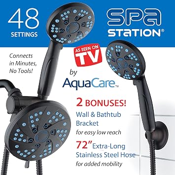 AquaCare Spa Station High Pressure 48-mode 3-way Rainfall & Handheld Shower Head Combo - Antimicrobial Anti-Clog Nozzles, Extra-Long 6 ft Stainless Steel Hose, 2nd Wall Bracket/ORB Bronze Finish