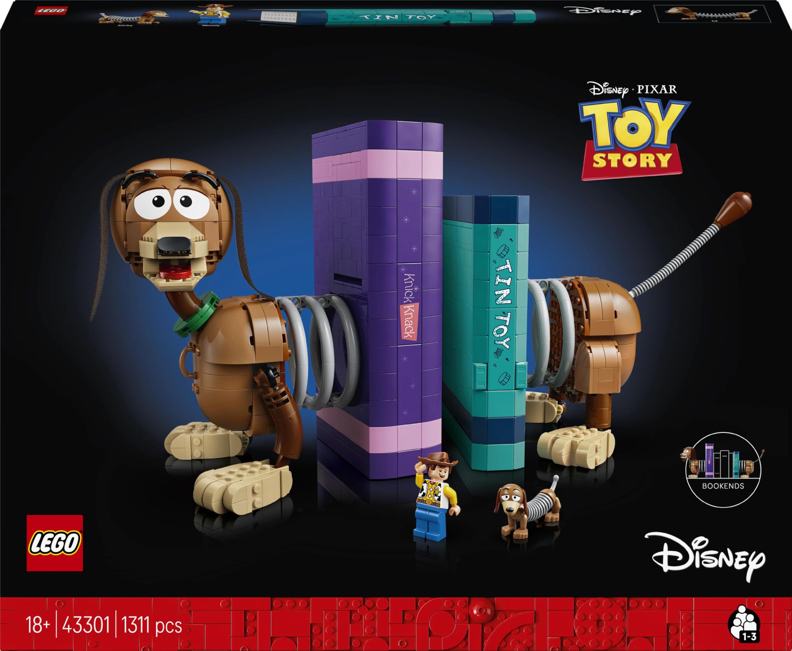 LEGO ǀ Disney and Pixar Toy Story: Slinky-Buchstützen - Bücherregal-Deko Bauset für Erwachsene - inkl. Woody Minifigur & Dackelfigur - Nostalgisches Geschenk für Fans - 43301