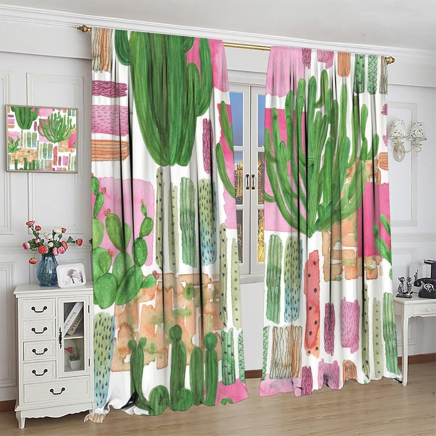 Modern Abstraction Blackout Curtains, Green Succulent Plant Colorful Cactus Rod Pocket Window Drapes, for Bedroom Living Room 42" W X 45" L
