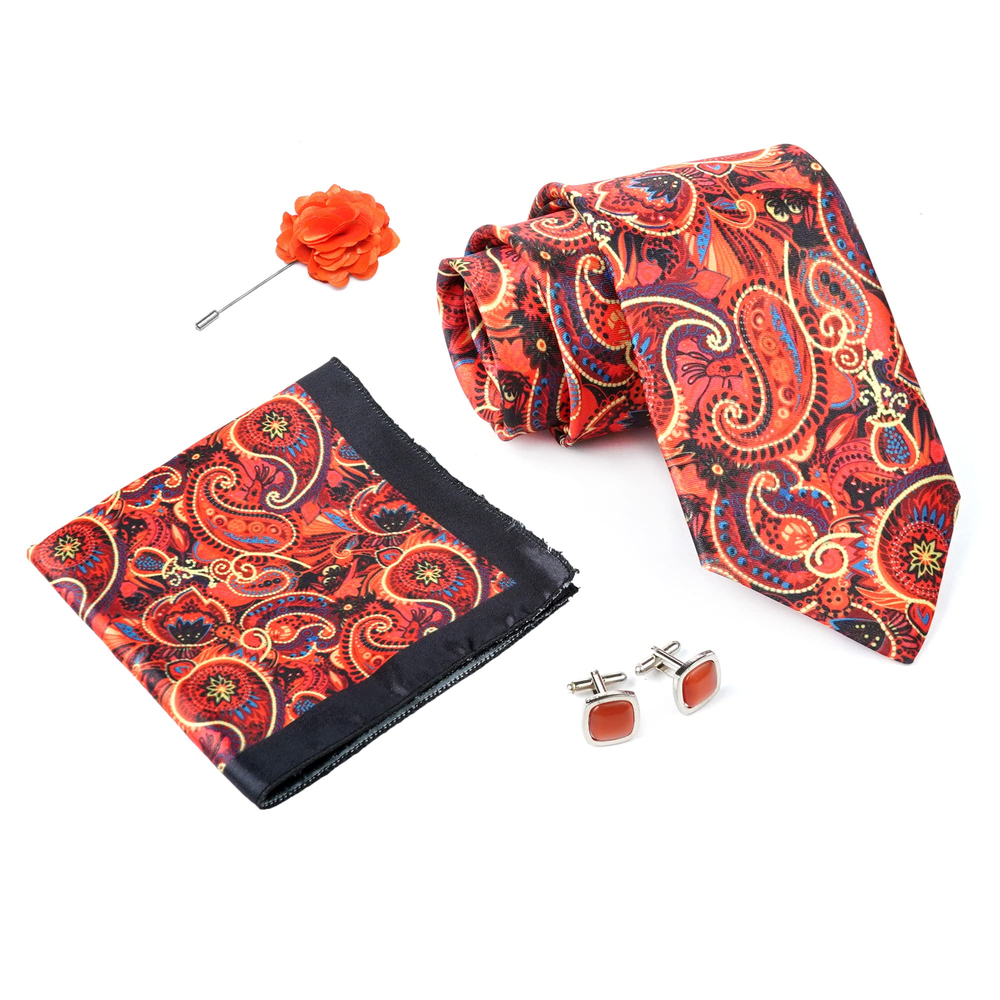 Red Mens Paisley Micro Print Silk Necktie Gift Set With Pocket Square Cufflinks & Brooch Pin Formal Tie With Wooden Box Free Size | (Wooden Gift Box) (Pack of 4) (RPL_45)-image-13