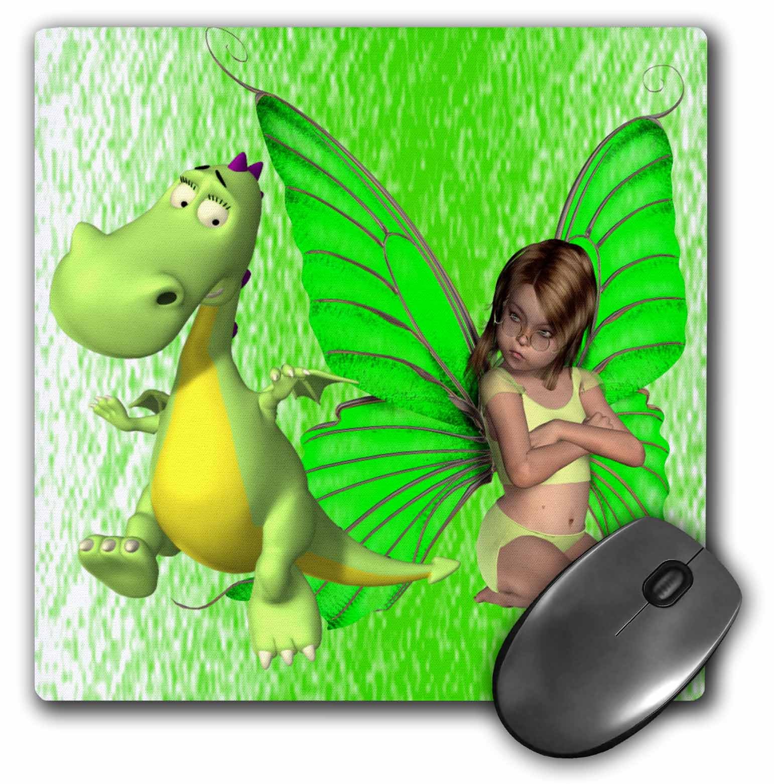 3D Rose "My Pet Dragon A Very Upset Fairy with Her Green Little Trouble Maker Dragon" Matte Finish Mouse Pad - 8 x 8" - mp_52234_1