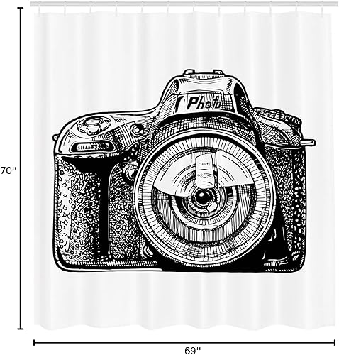 Miniatura 3 de Ambesonne Cortina de ducha con cámara, dispositivo fotográfico retro con diseño artístico de captura de recuerdos, impresión clásica de los viejos