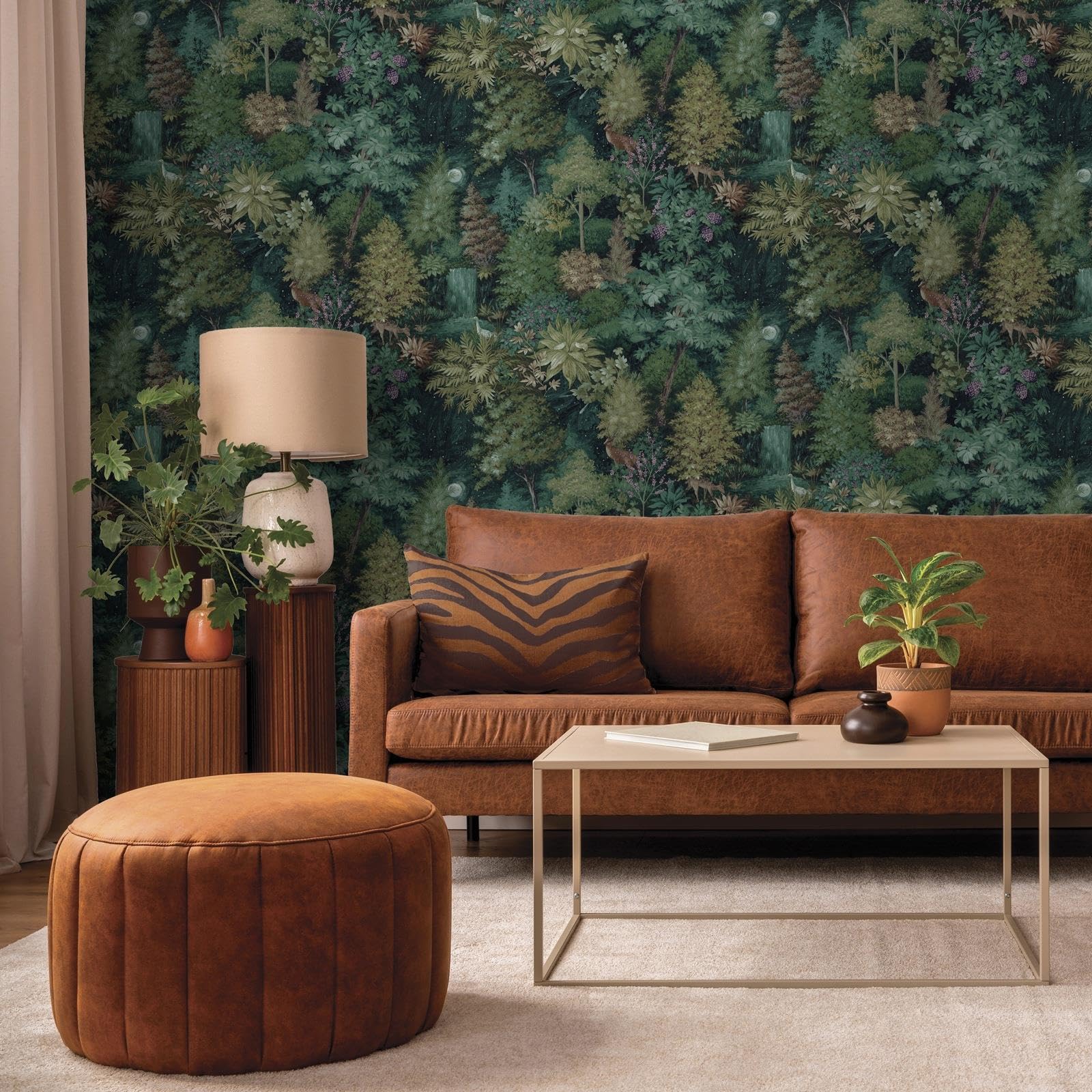 SOPHIE LAURENCE Green Woods Forest Wallpaper – Midnight Floral Water Fall Design with Deer | Smooth Decorative Feature Wall Pattern