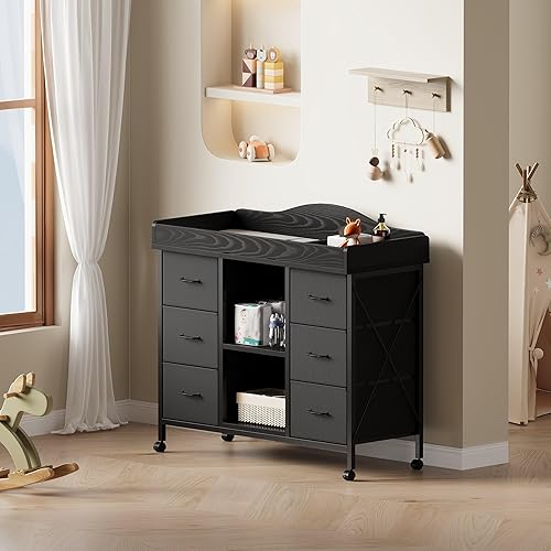 Miniatura 7 de Cambiador, cómoda de bebé de 6 cajones con cambiador, estación y almohadilla para cambiar pañales impermeable, 2 estantes de almacenamiento abiertos