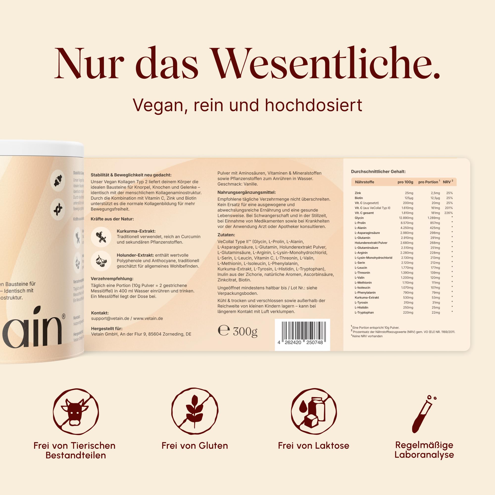 VETAIN Colágeno vegano tipo 2 [300 g] – Con VeCollal, cúrcuma, vitamina C, zinc y biotina, para huesos y articulaciones, sin azúcar añadido, producido en Alemania, sabor a vainilla