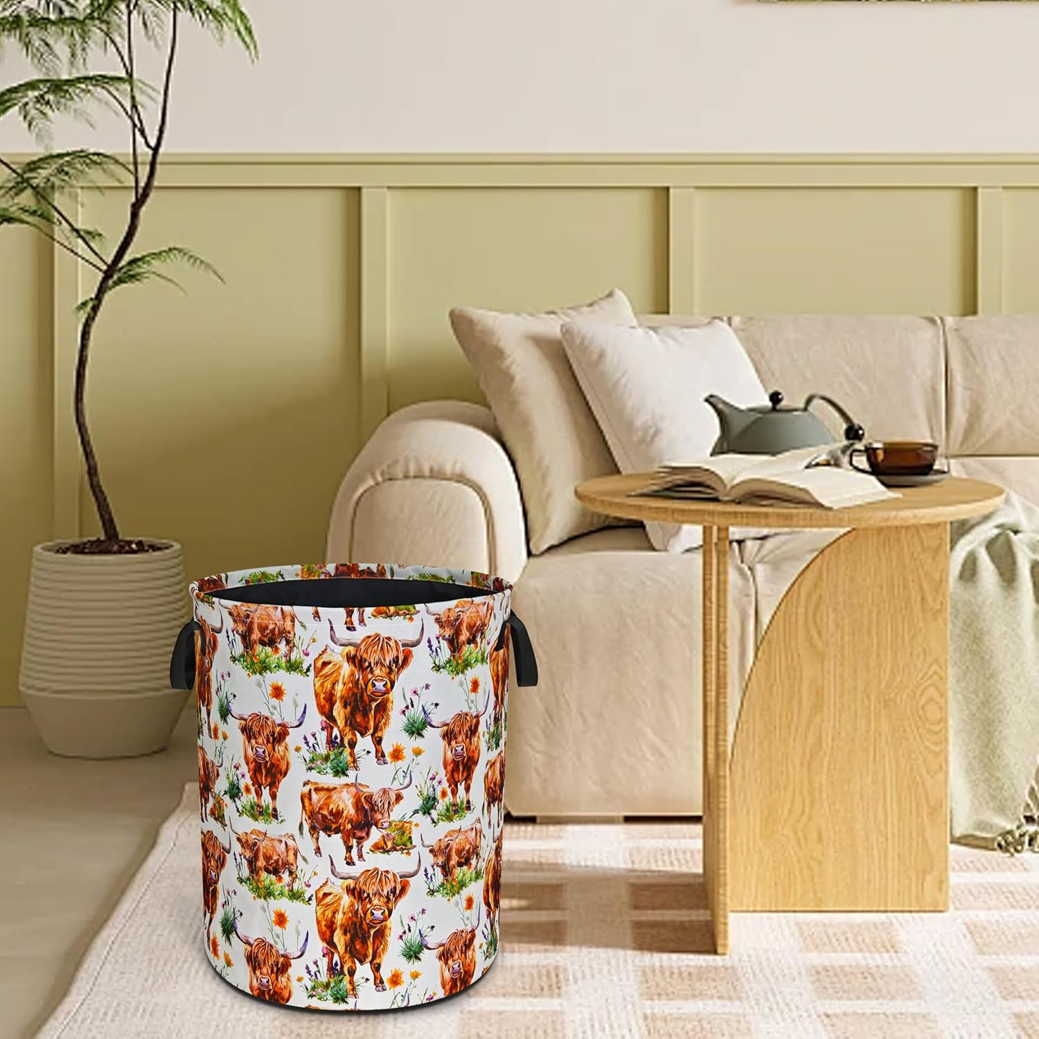 Highland Cow Laundry Basket Funny Cattle Foldable Waterproof Oxford Cloth Tote Bag Laundry Hamper Round Large Clothes Storage Bucket Toy Organizer For Bathroom/Laundry Storage/Bedroom 18.9x16.5 Inch