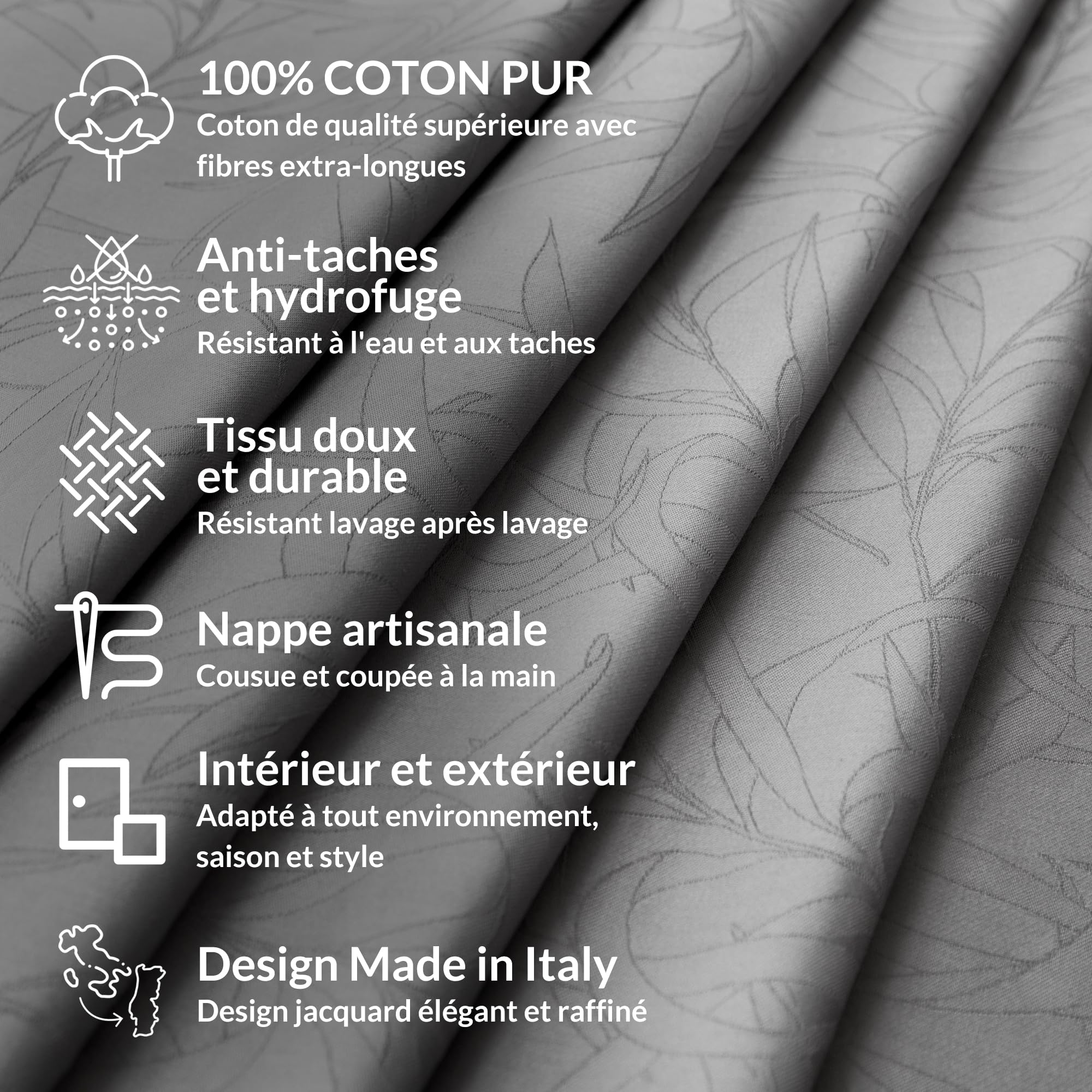 Ferò Nappe Rectangulaire 150x240cm, imperméable, Nappe de Table 100% Coton Pur, Élegant Motif Jacquard, Fabriqué en Italie, Lavable, Nappe Exterieur Impermeable Jardin, Nappe Anti Taches, Gris
