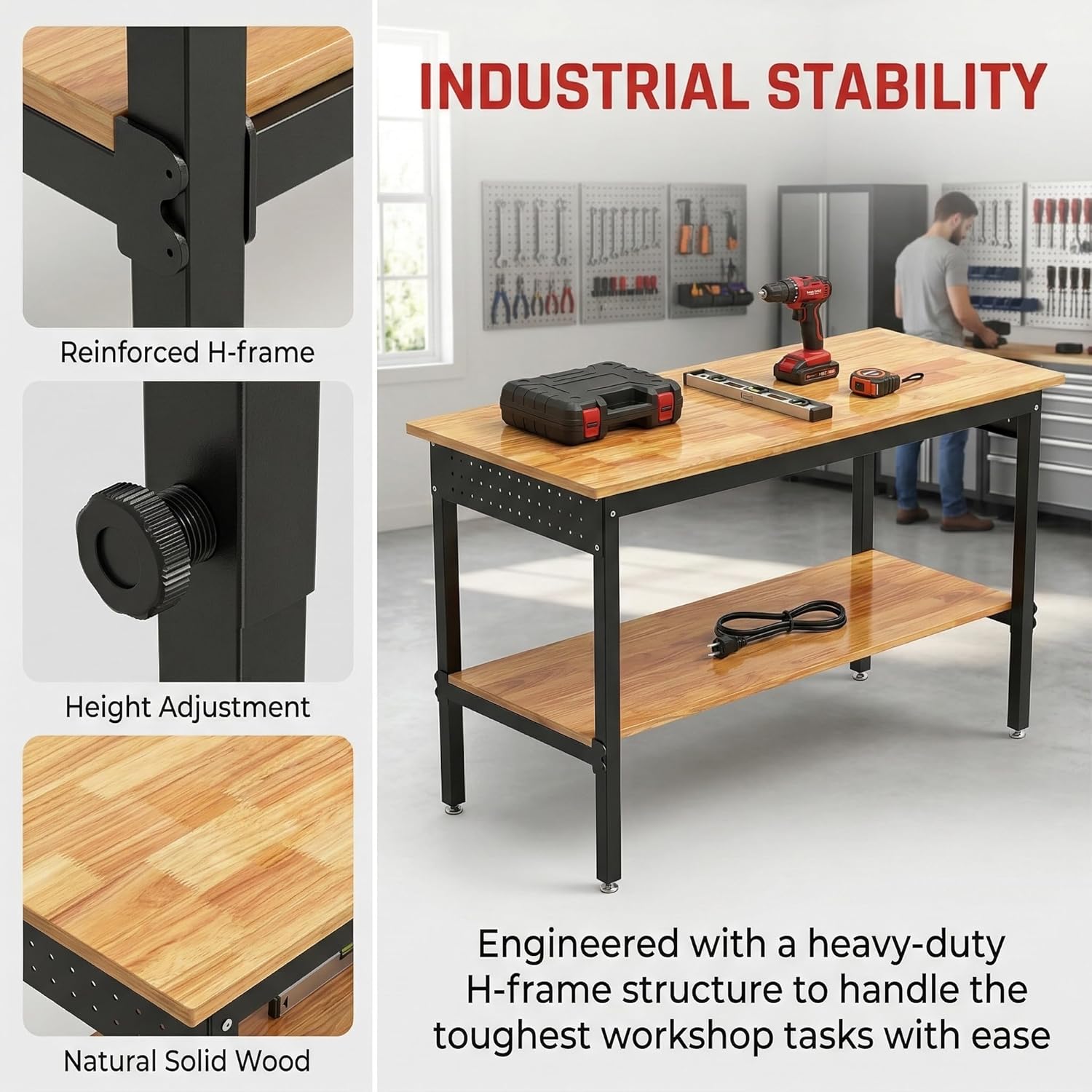 Double Layer 60 inch Adjustable Workbench with Storage for Garage, Heavy Duty Work Bench Table with Pegboard & Power Outlet 2500 LBS Load Capacity for Hardwood Welding Table