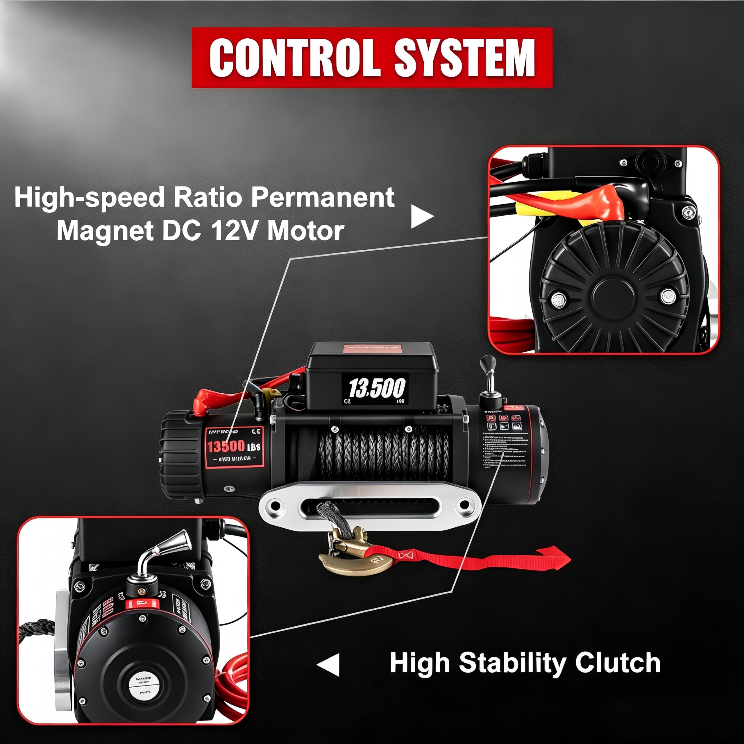 Cabrestante Eléctrico 12V 13500 LBS / 6120 KG, Motor 4,85KW, Cable de Acero 9,5mm x 24m, Mando Inalámbrico, Cabrestante de Recuperación Vehicular para ATV, UTV