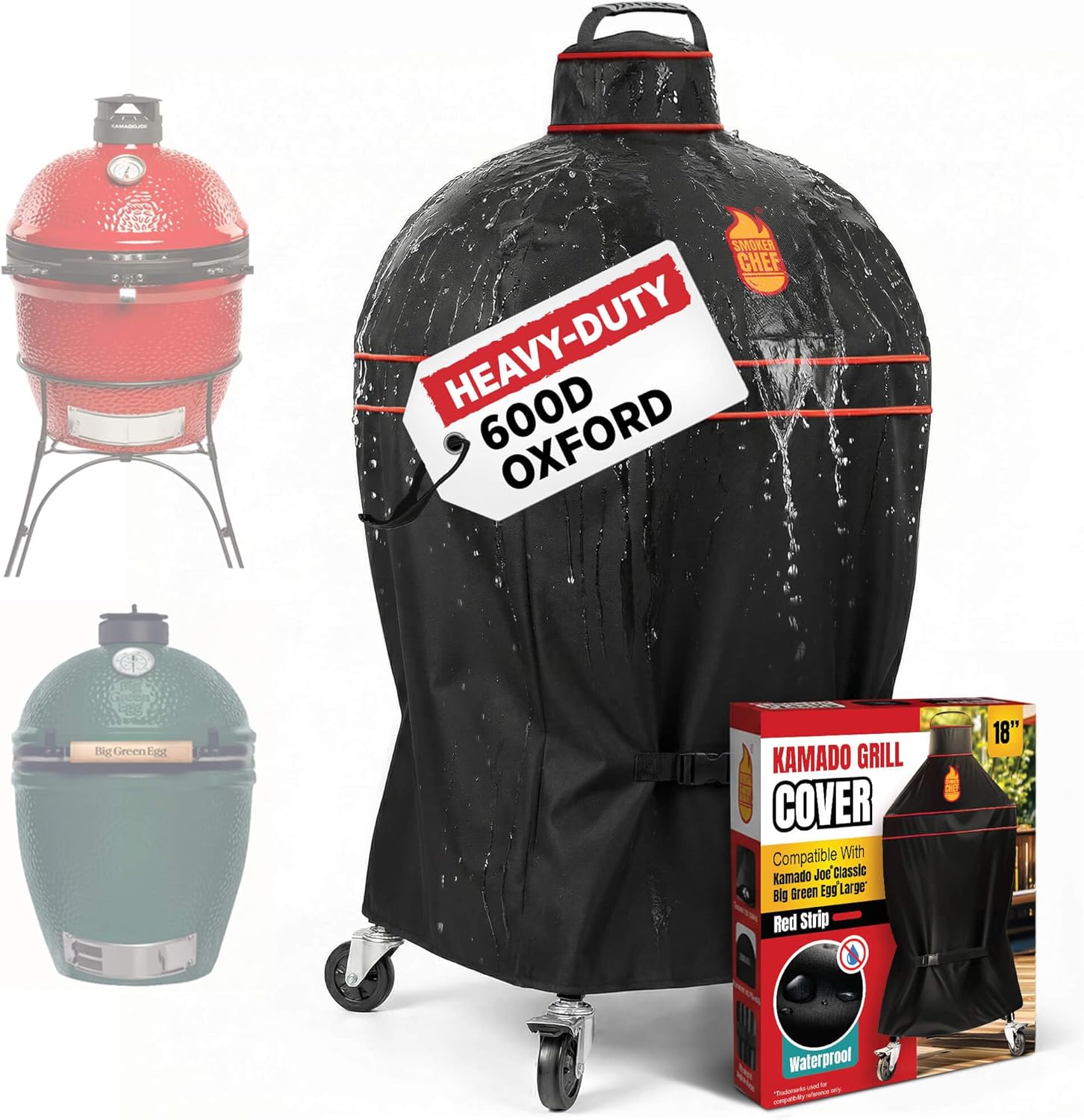 Grill Cover for Kamado Joe 18 Inches Red Strip – Heavy-Duty Waterproof BBQ Cover for Classic Joe – Durable Kamado Grill Accessories for Classic Series and BGE Large by Smoker Chef