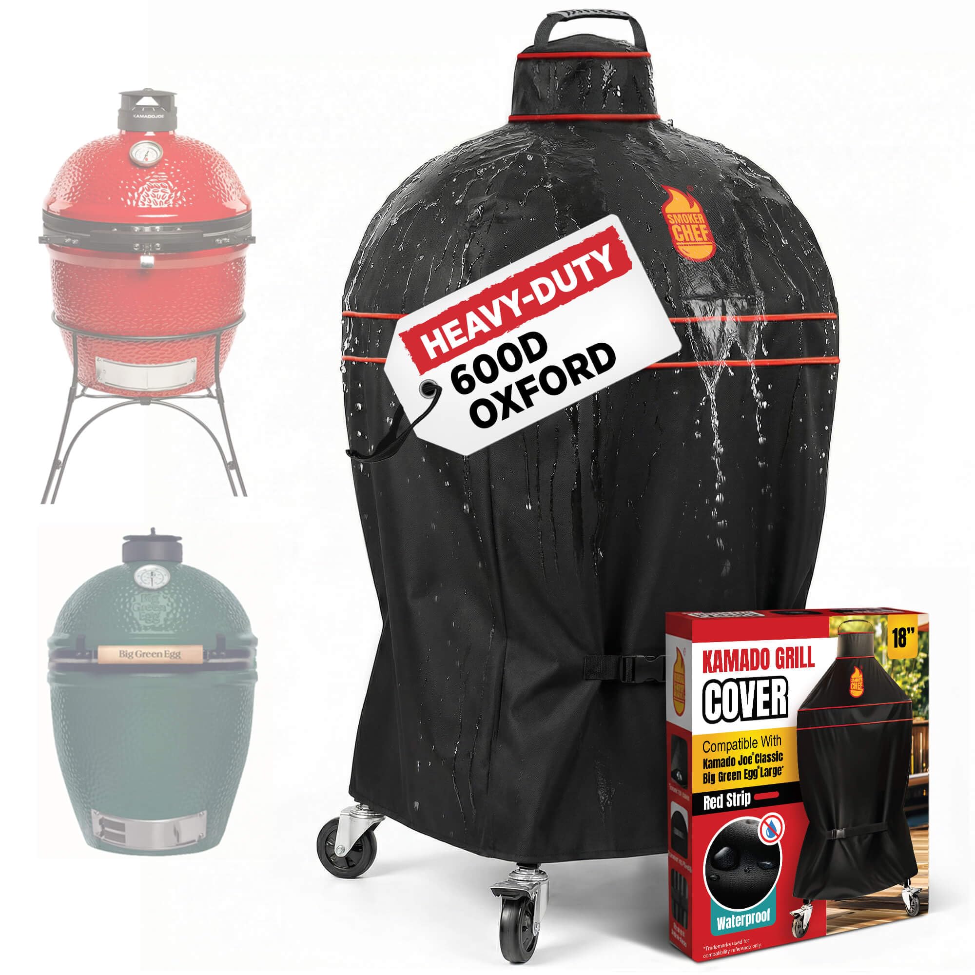 Grill Cover for Kamado Joe & Big Green Egg 18 in Red Strip – Heavy-Duty Waterproof Smoker Covers for Classic Series – Durable Kamado Joe Accessories for Classic Series & BGE Large by Smoker Chef