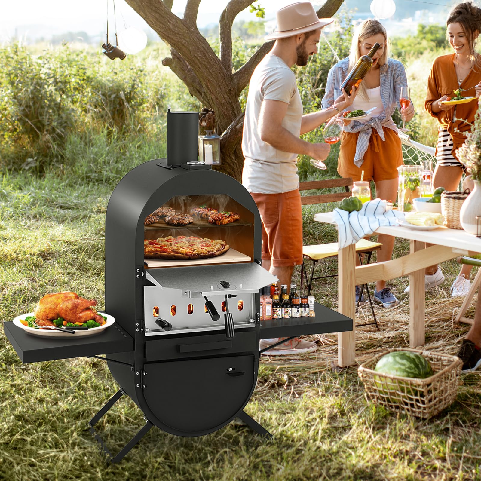 KOMFOTTEU Forno per pizza da esterno a 2 strati, forno a legna portatile con borsa per il trasporto, pietra per pizza, pala per pizza, grill, termometro, forno per pizza per barbecue, campeggio